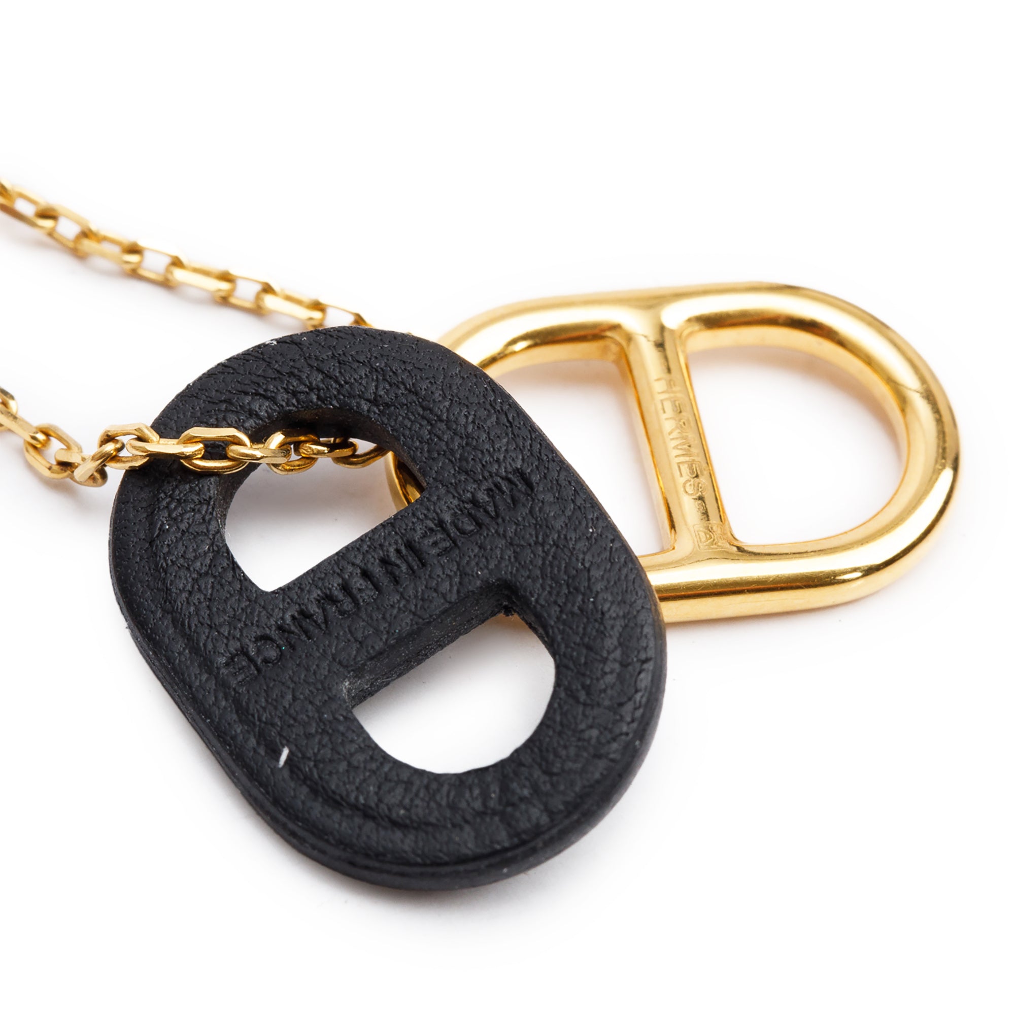 Hermes Gold-Plated Black Leather Mini O'Maillon Pendant Necklace w/ Box