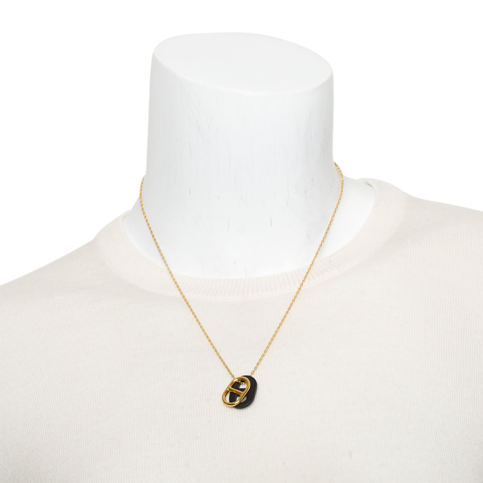 Hermes Gold-Plated Black Leather Mini O'Maillon Pendant Necklace w/ Box