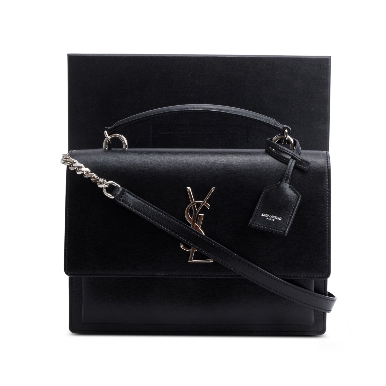 Saint Laurent Black Leather Sunset Top Handle Bag w/ Box