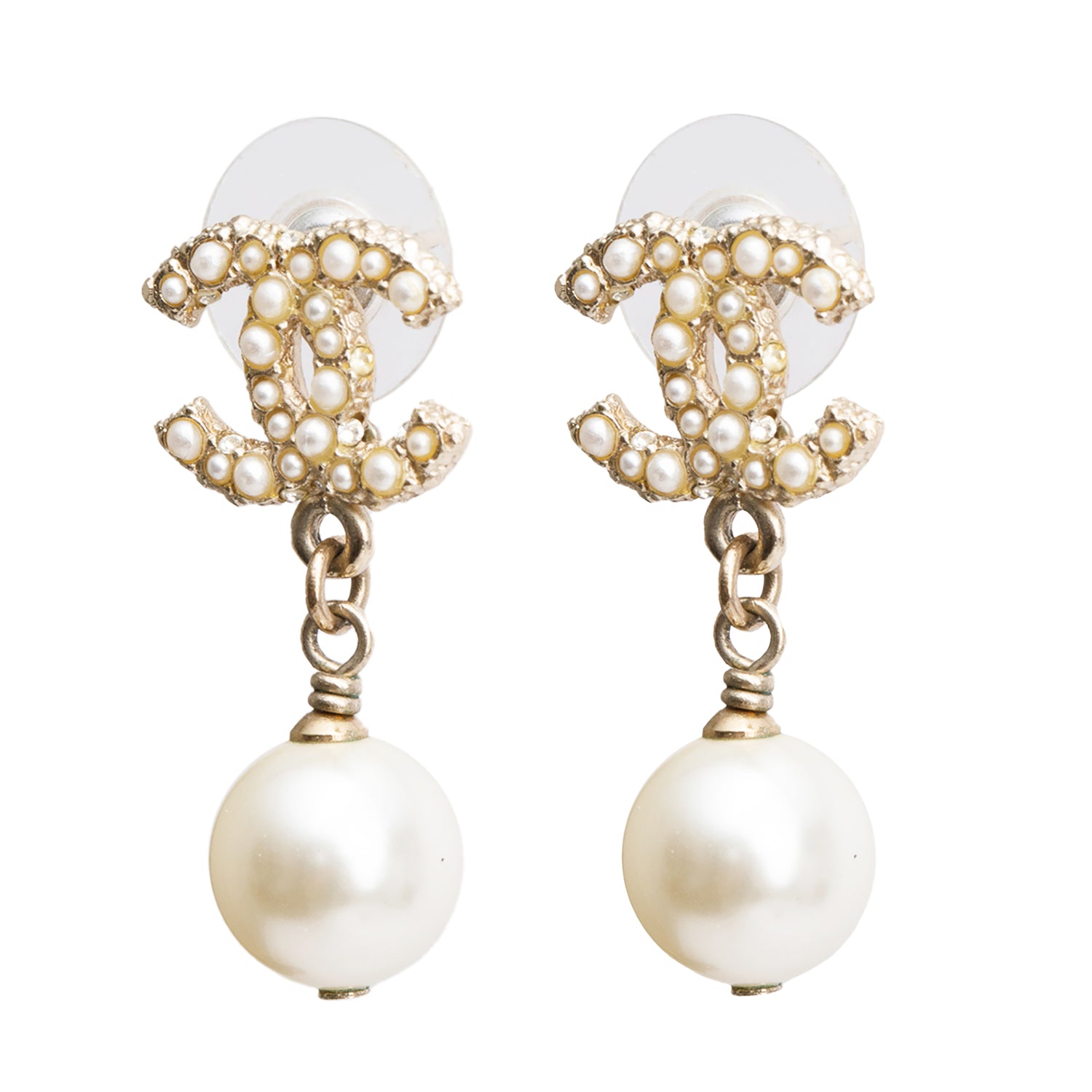 Chanel Gold-Plated Faux Pearl & Strass CC Drop Earrings