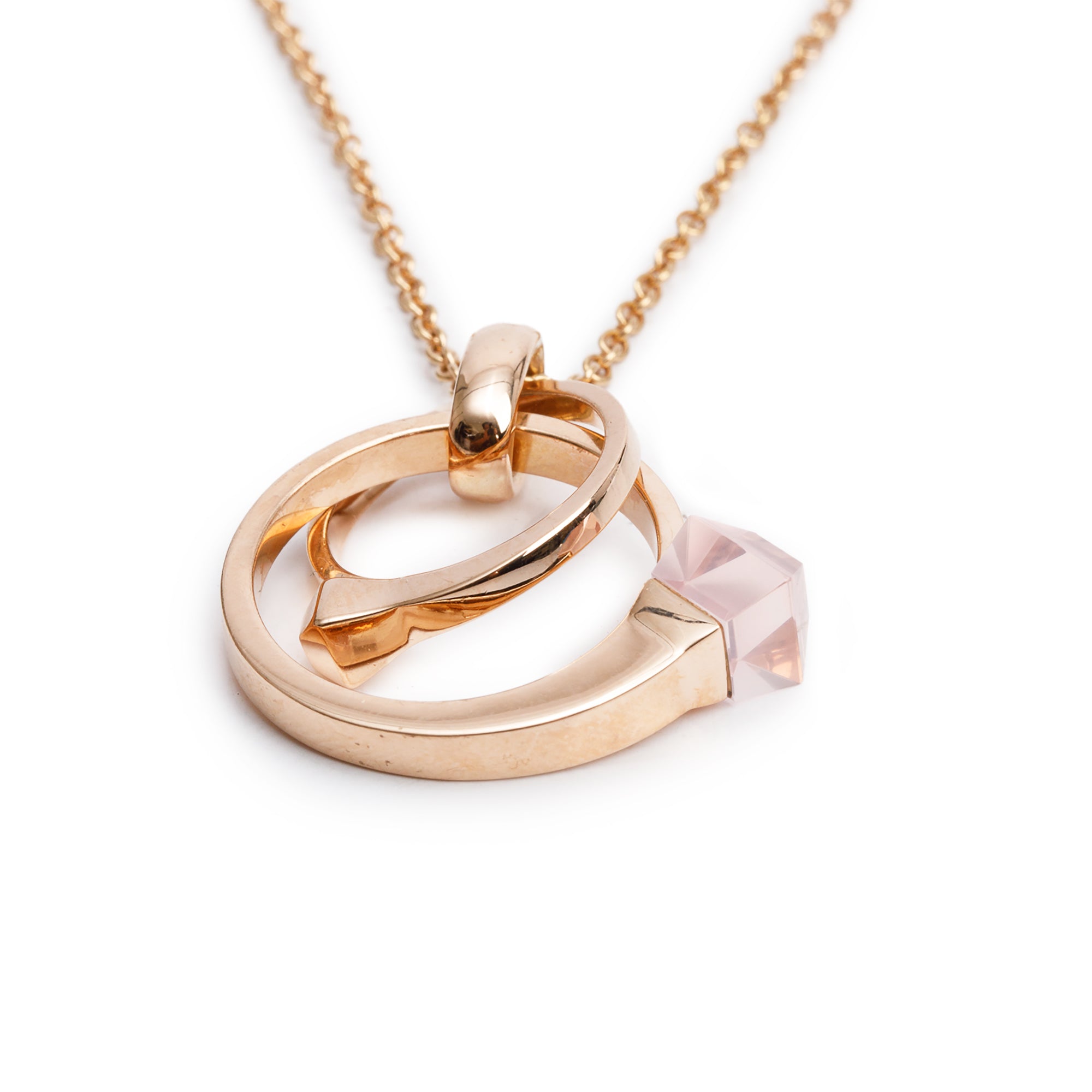 Gucci 18k Rose Gold Pink Quartz Chiodo Nail Multi Ring Pendant Necklace w/ Box