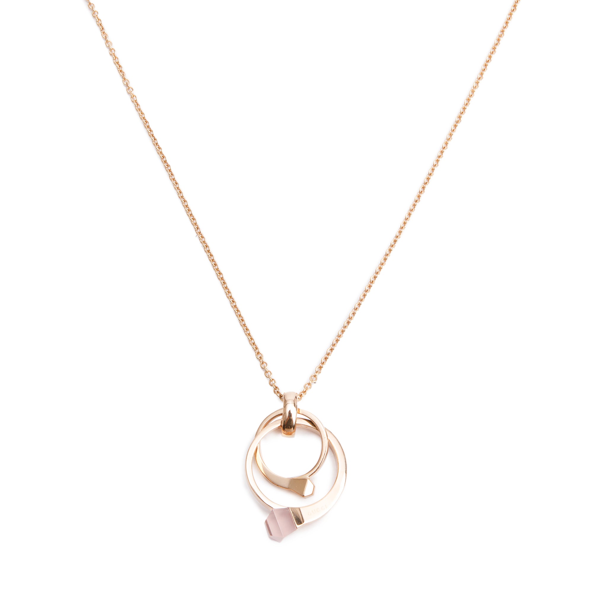 Gucci 18k Rose Gold Pink Quartz Chiodo Nail Multi Ring Pendant Necklace w/ Box
