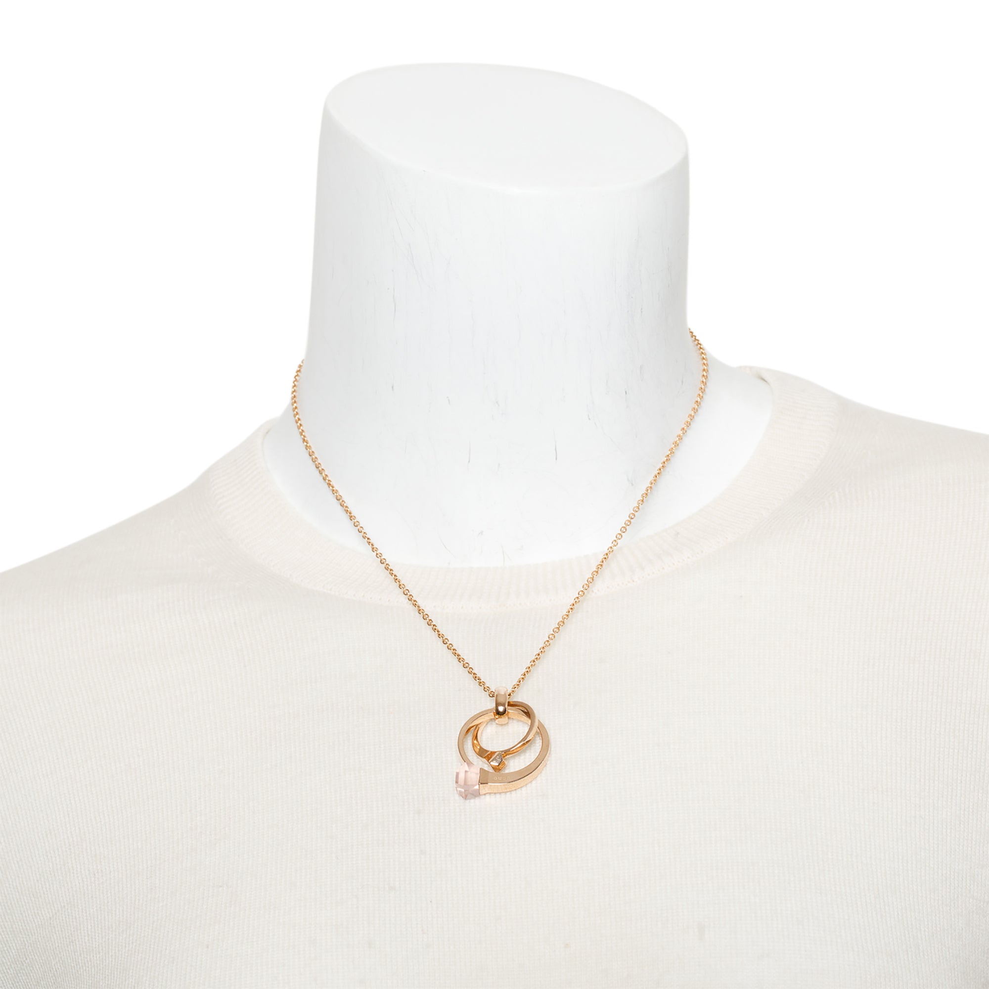 Gucci 18k Rose Gold Pink Quartz Chiodo Nail Multi Ring Pendant Necklace w/ Box