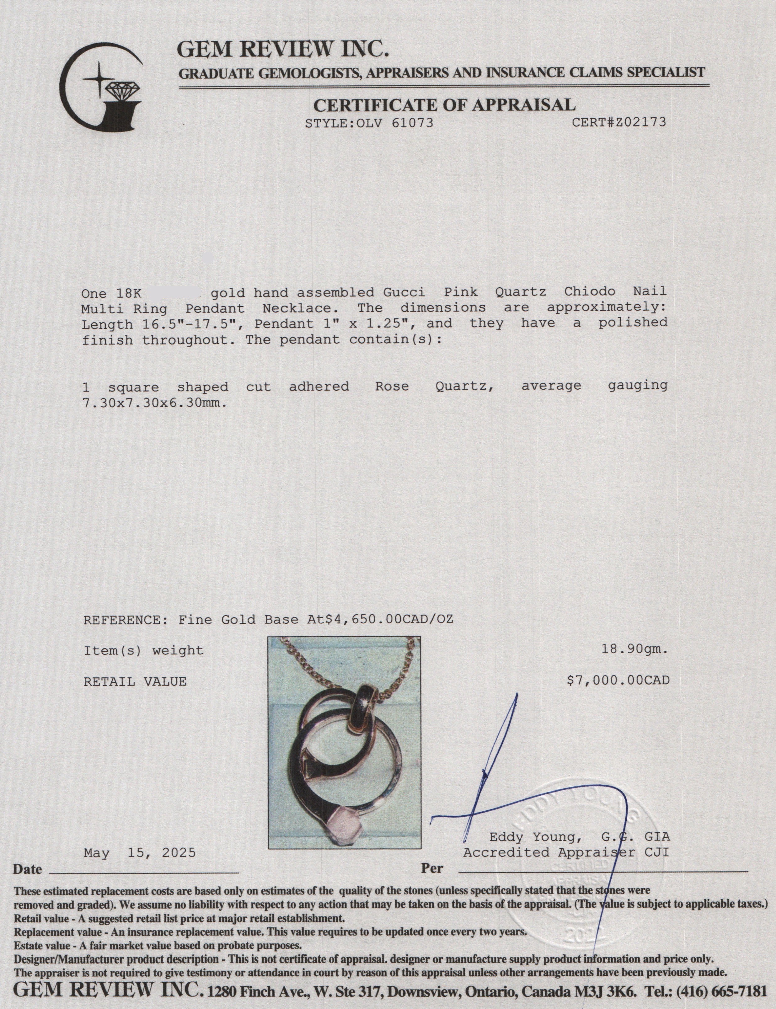 Gucci 18k Rose Gold Pink Quartz Chiodo Nail Multi Ring Pendant Necklace w/ Box