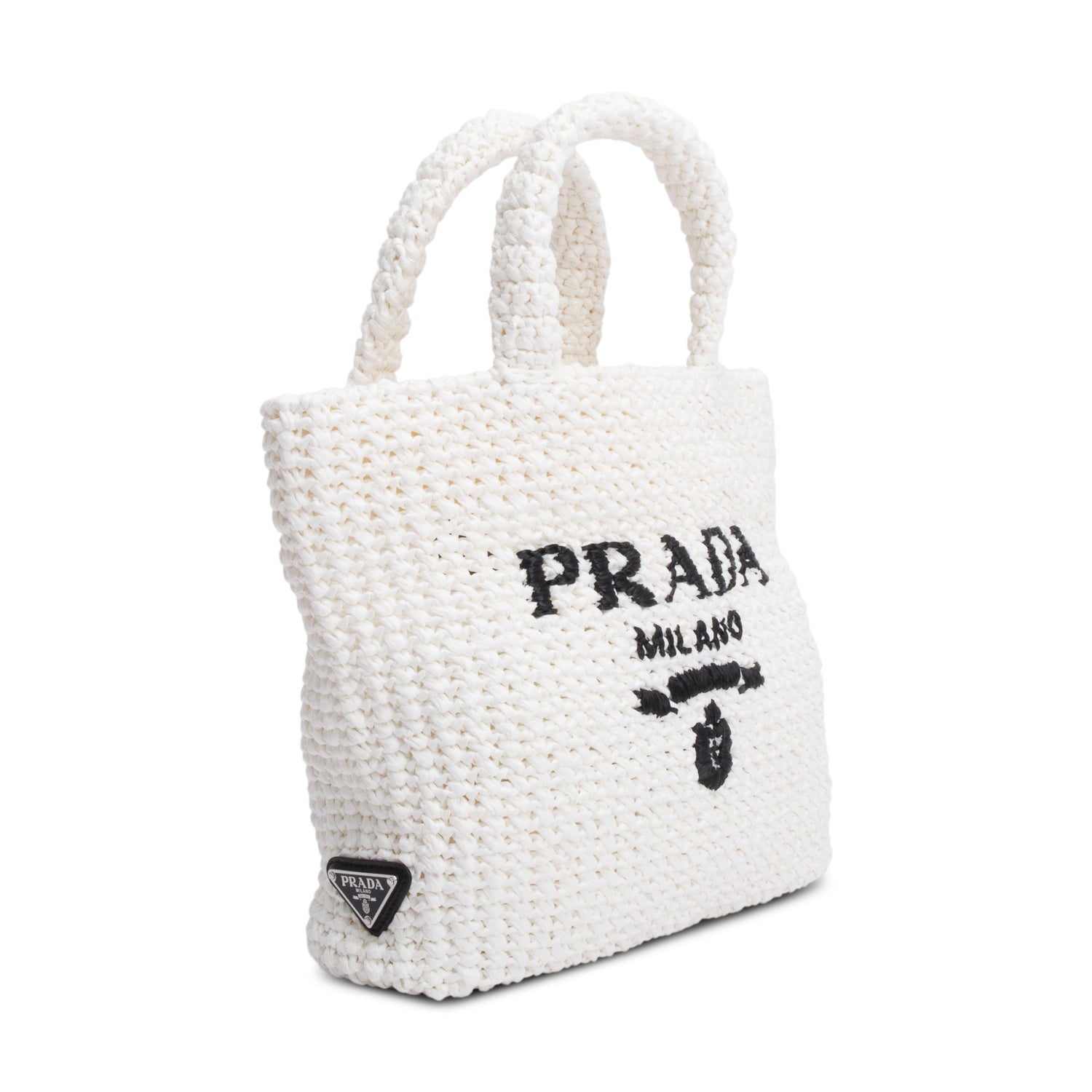 Prada White Crochet Raffia Small Logo Tote
