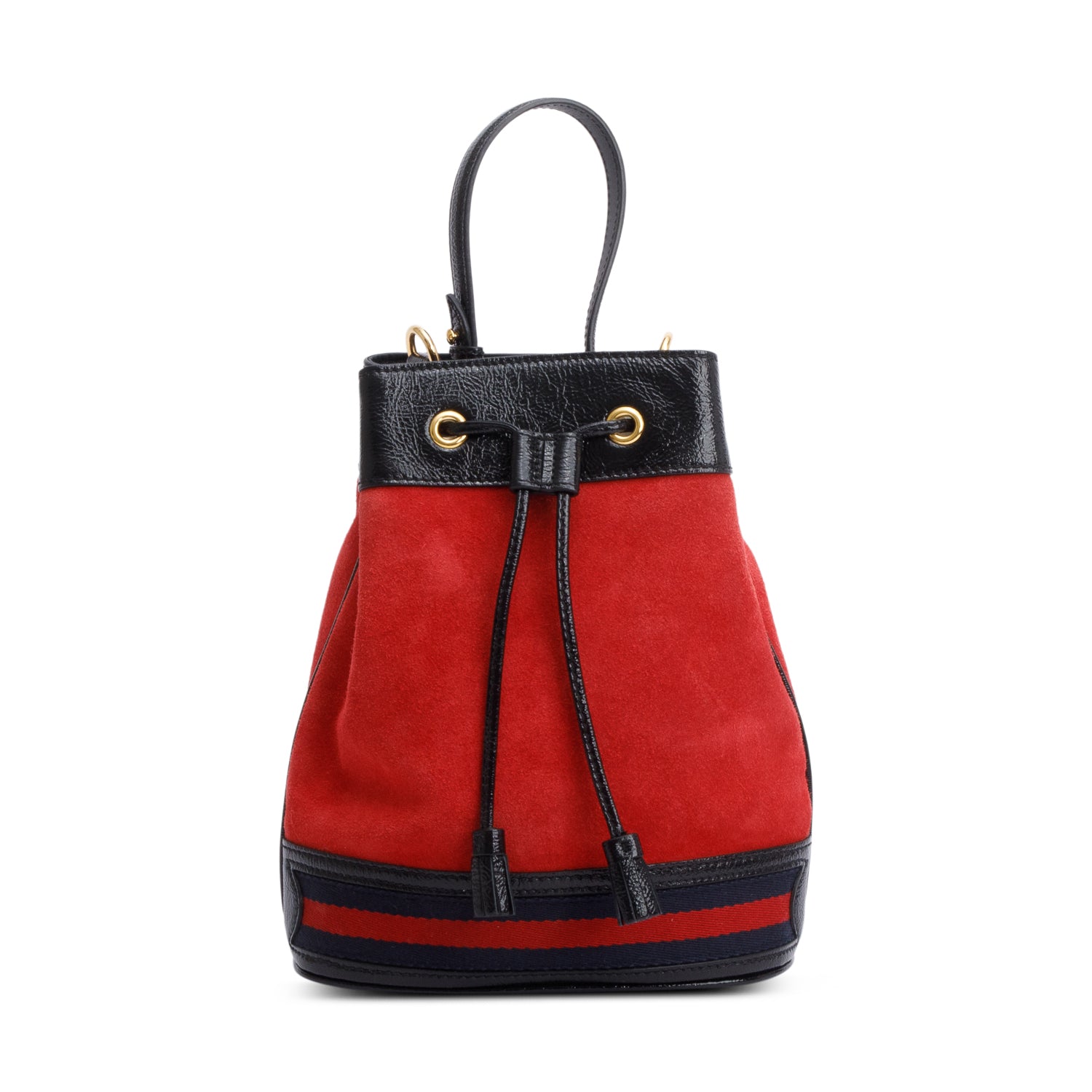 Gucci Red Suede Black Patent Leather Web Ophidia Small Bucket Bag