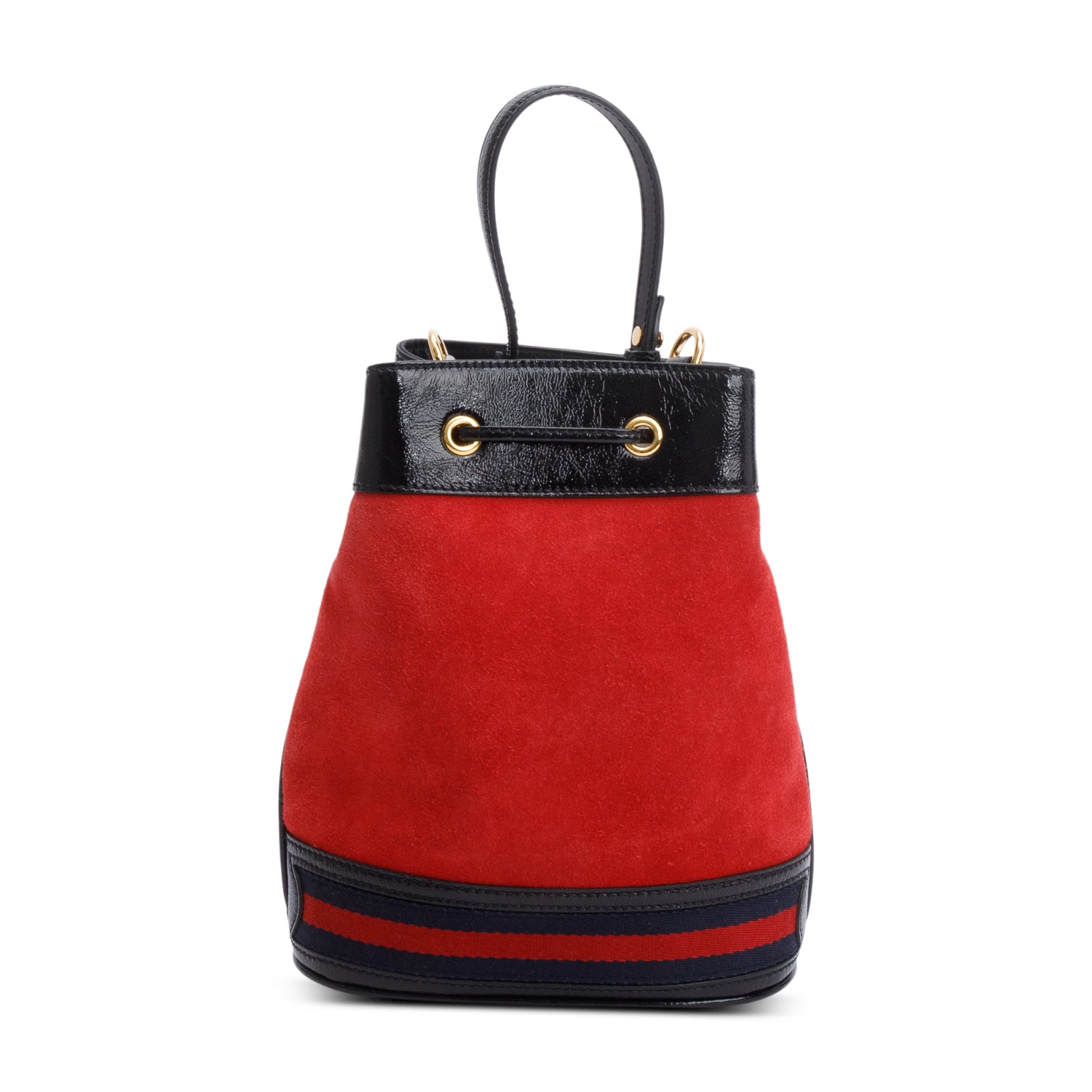 Gucci Red Suede Black Patent Leather Web Ophidia Small Bucket Bag