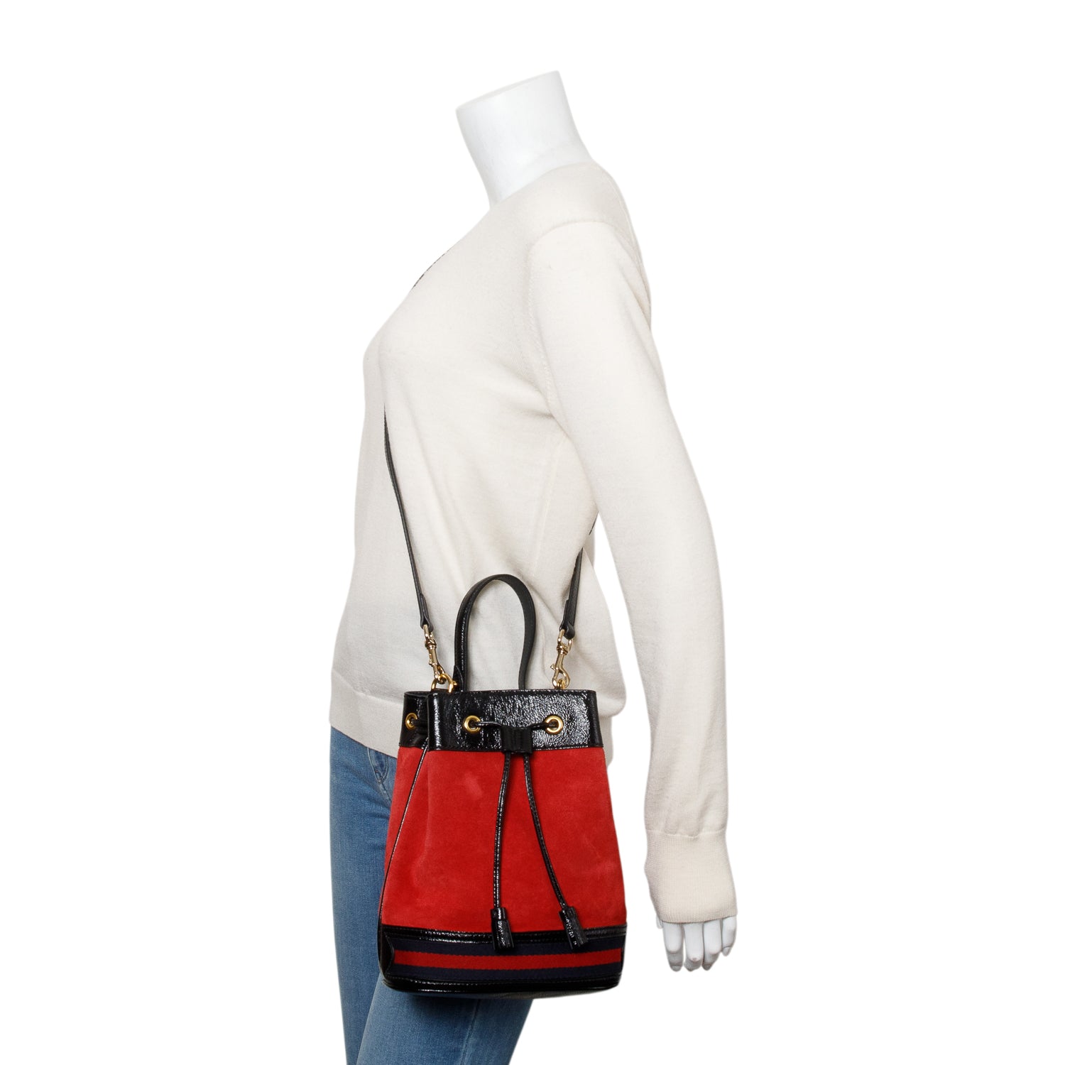 Gucci Red Suede Black Patent Leather Web Ophidia Small Bucket Bag