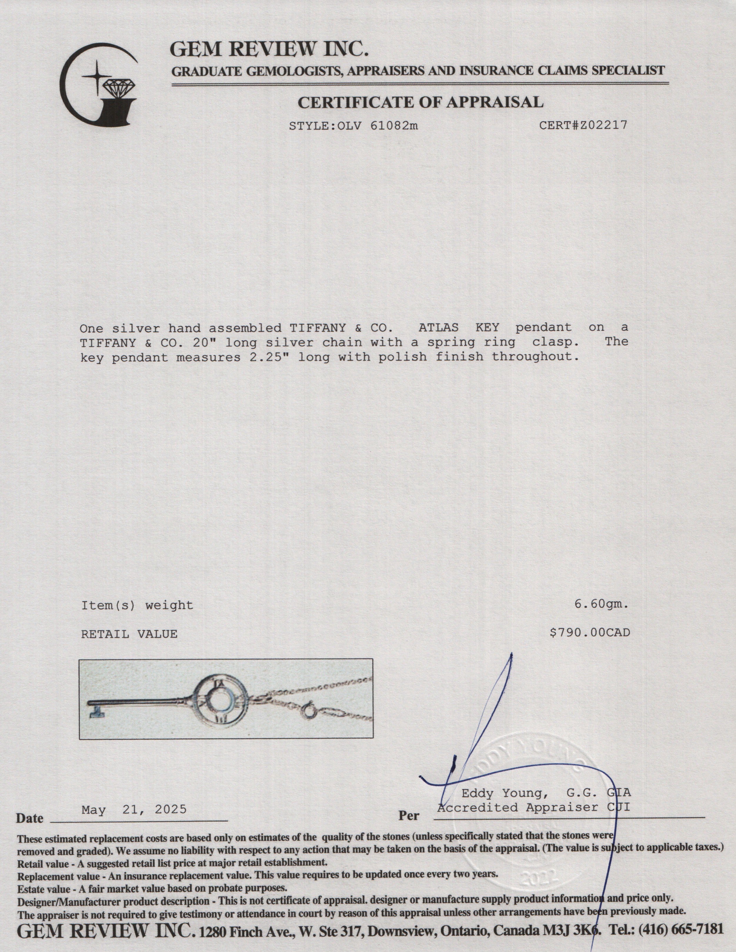 Tiffany & Co. Sterling Silver Atlas Key Pendant Necklace