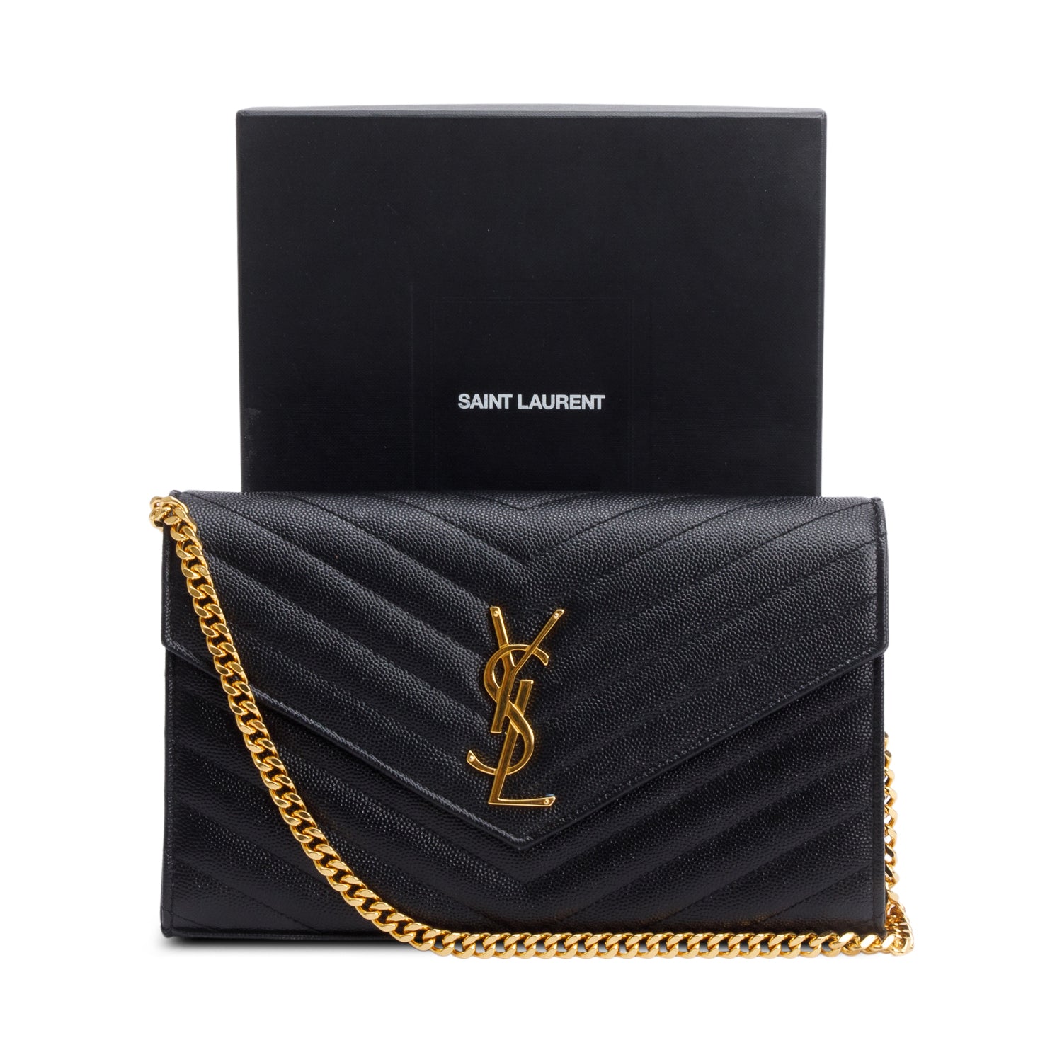 Saint Laurent Black Grain De Poudre Leather Cassandre Envelope Chain Wallet w/ Box