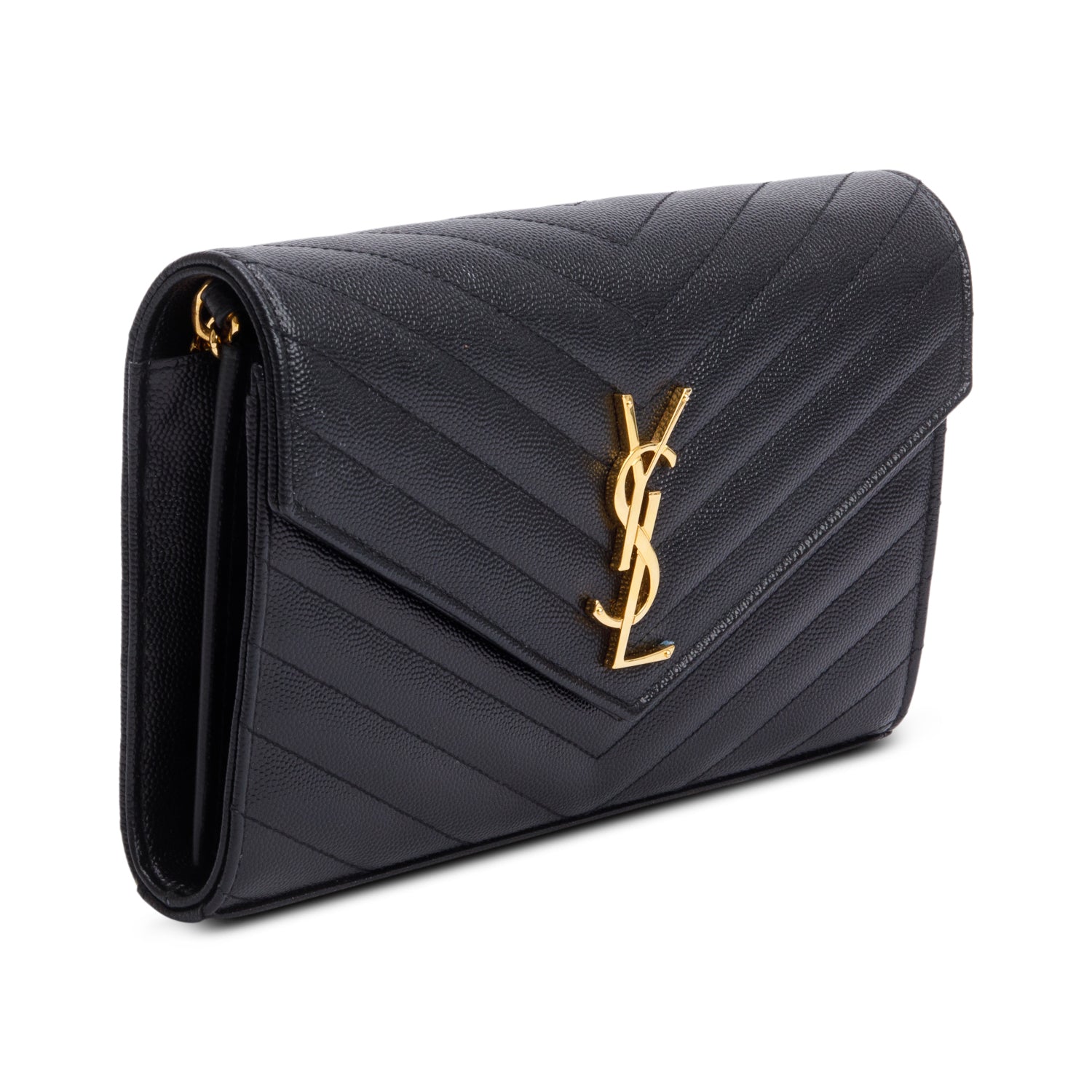 Saint Laurent Black Grain De Poudre Leather Cassandre Envelope Chain Wallet w/ Box
