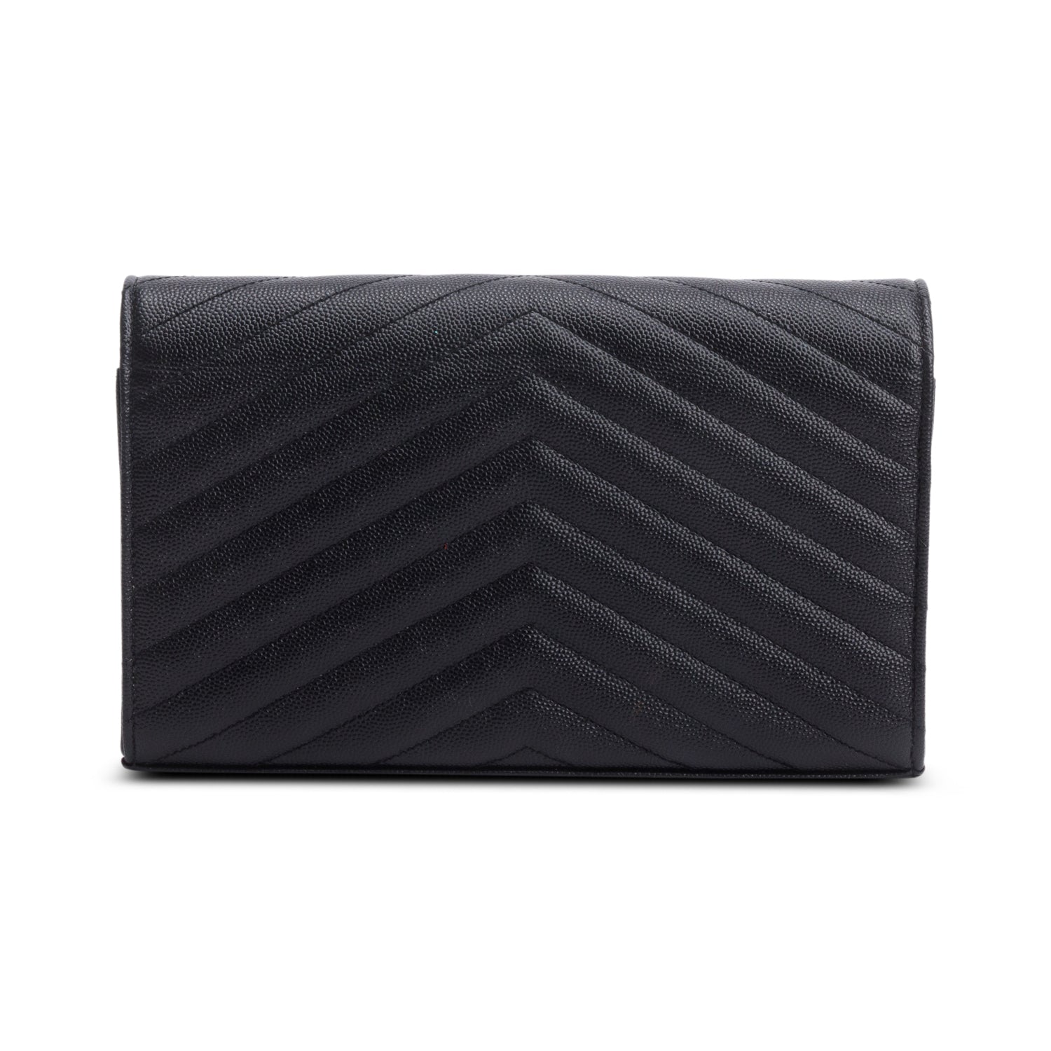 Saint Laurent Black Grain De Poudre Leather Cassandre Envelope Chain Wallet w/ Box