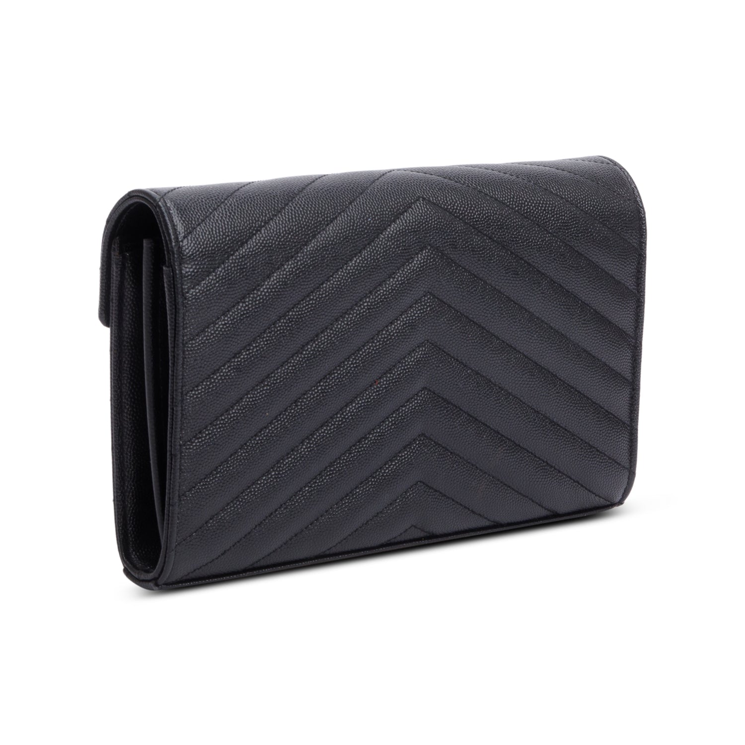 Saint Laurent Black Grain De Poudre Leather Cassandre Envelope Chain Wallet w/ Box