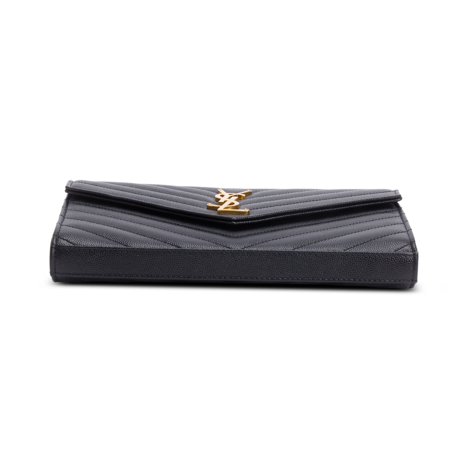 Saint Laurent Black Grain De Poudre Leather Cassandre Envelope Chain Wallet w/ Box