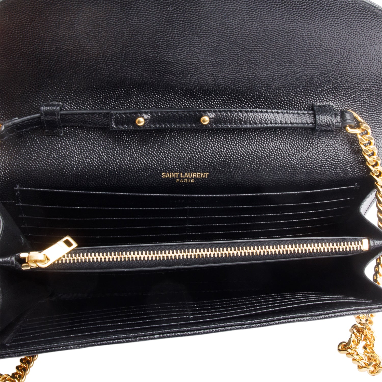 Saint Laurent Black Grain De Poudre Leather Cassandre Envelope Chain Wallet w/ Box