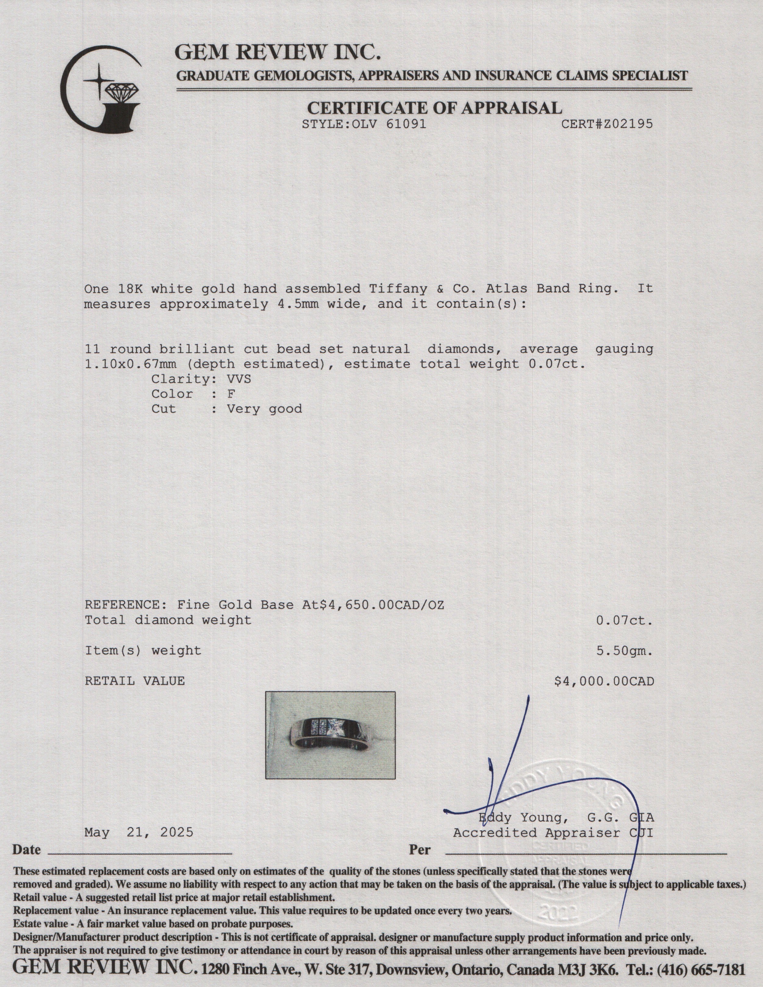 Tiffany & Co. 18k White Gold Diamond Atlas Band Ring, Size 8.5