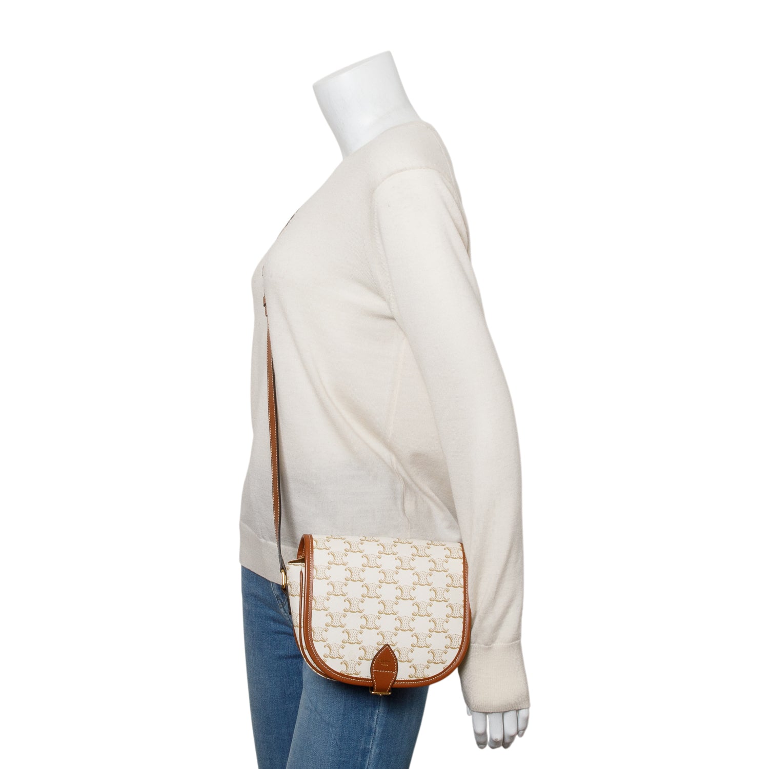 Celine 2021 White Triomphe Canvas and Calfskin Leather Medium Folco Crossbody Bag