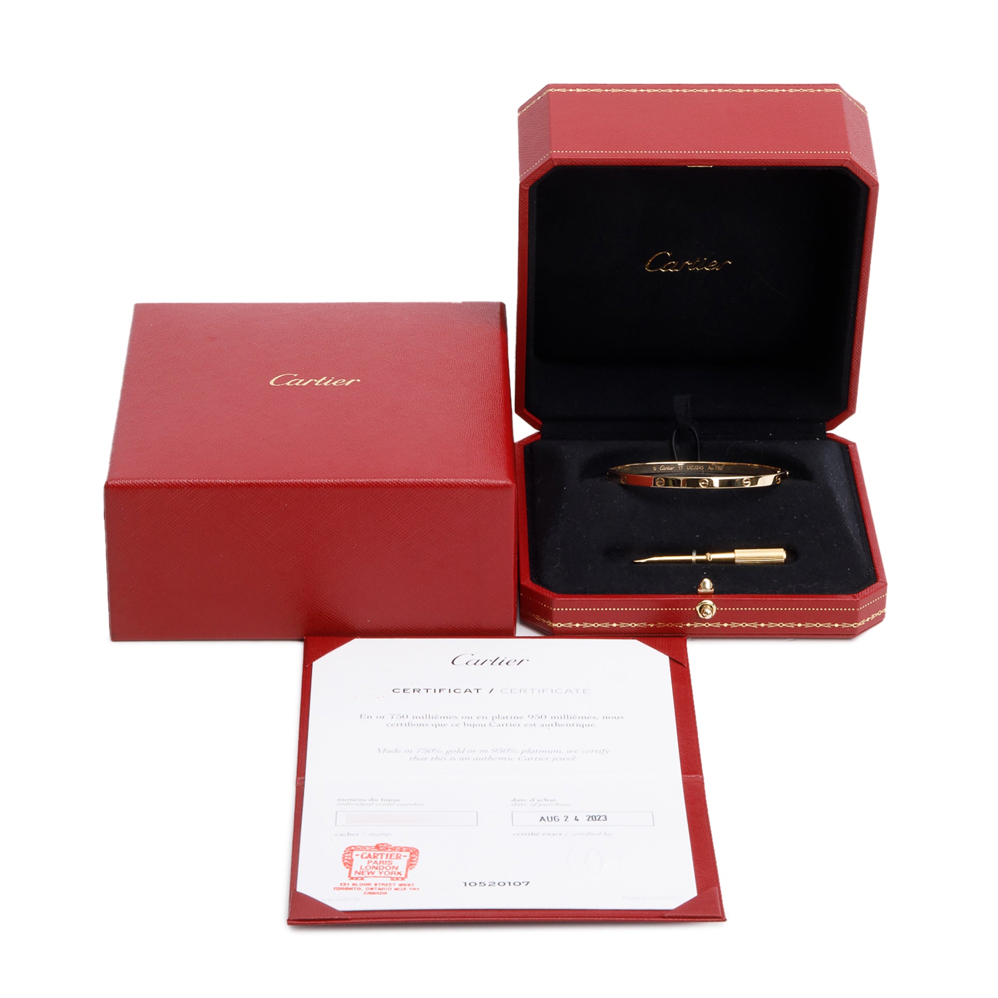 Cartier 2023 18k Yellow Gold 3.65 MM Love Bracelet, Small Model, Size 17 w/ Box & Certificate