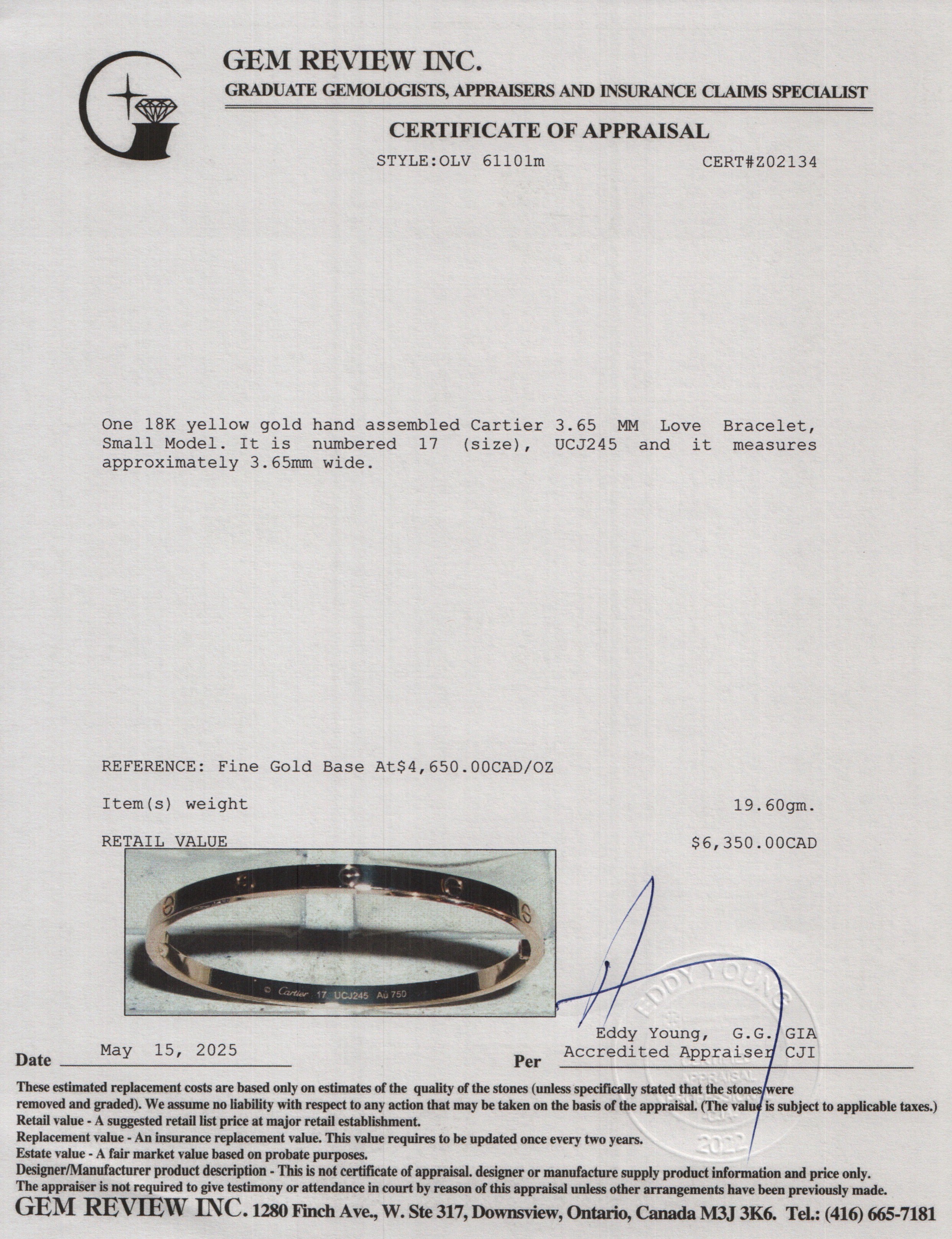 Cartier 2023 18k Yellow Gold 3.65 MM Love Bracelet, Small Model, Size 17 w/ Box & Certificate