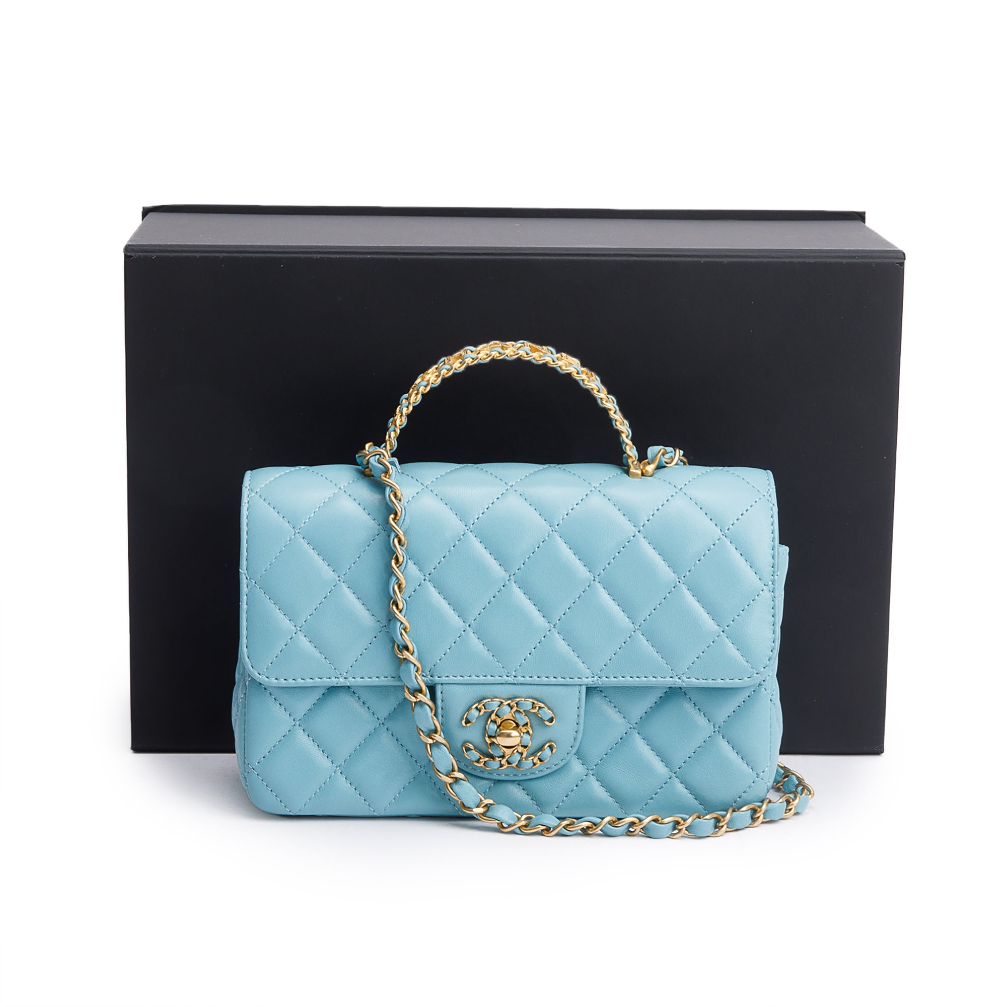 Chanel Turquoise Quilted Lambskin Leather Rectangular Mini Crystal Top Flap Bag w/ Box