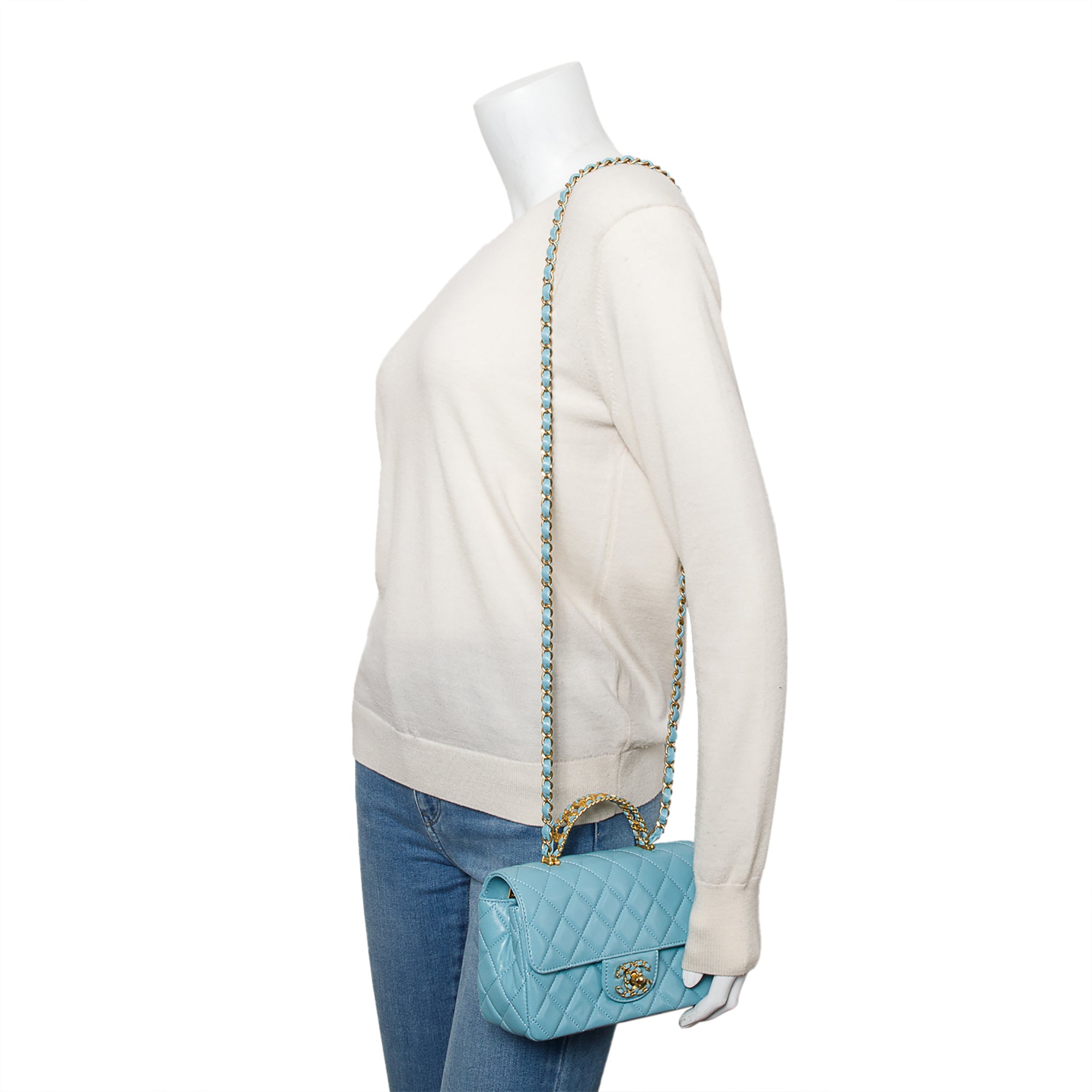 Chanel Turquoise Quilted Lambskin Leather Rectangular Mini Crystal Top Flap Bag w/ Box