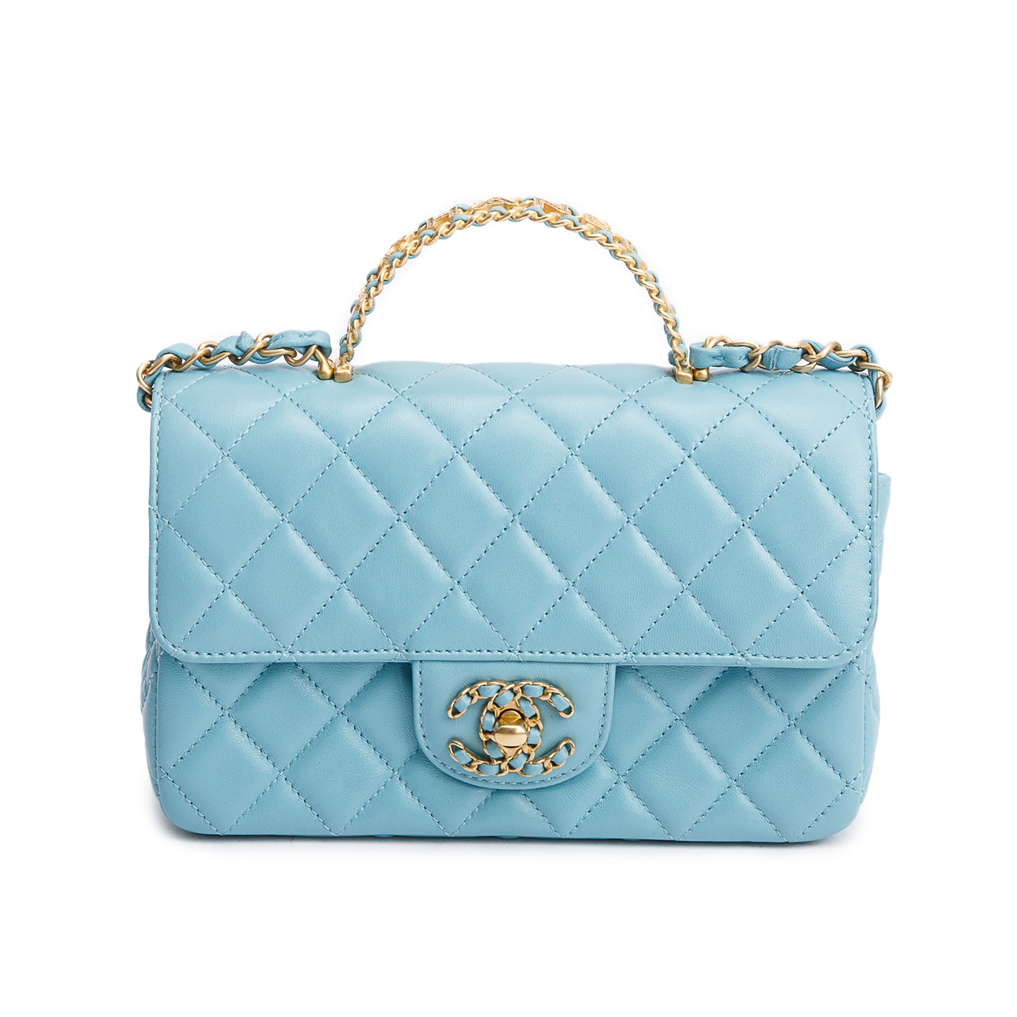 Chanel Turquoise Quilted Lambskin Leather Rectangular Mini Crystal Top Flap Bag w/ Box