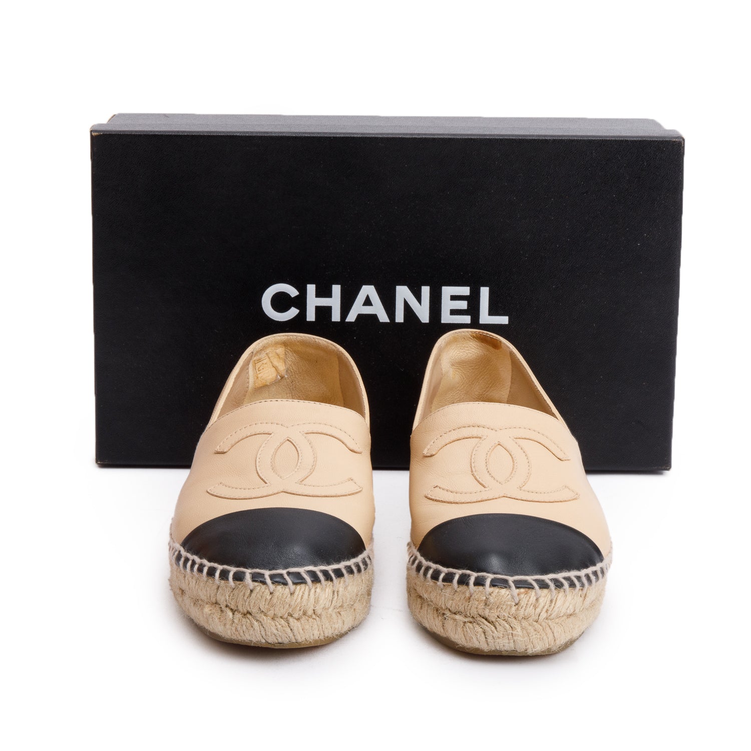 Chanel Neutral & Black Leather CC Logo Espadrilles, Size 35 w/ Box