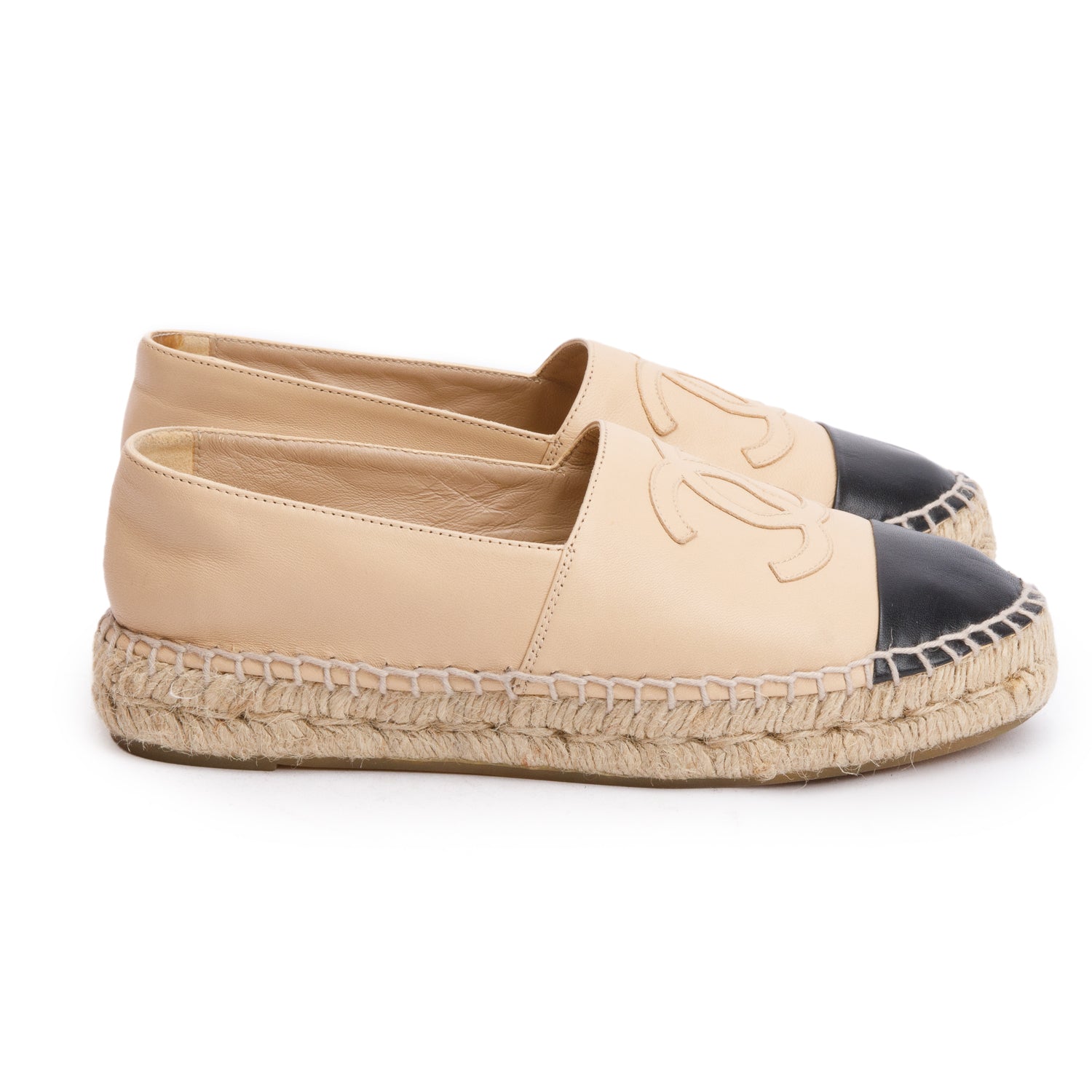 Chanel Neutral & Black Leather CC Logo Espadrilles, Size 35 w/ Box