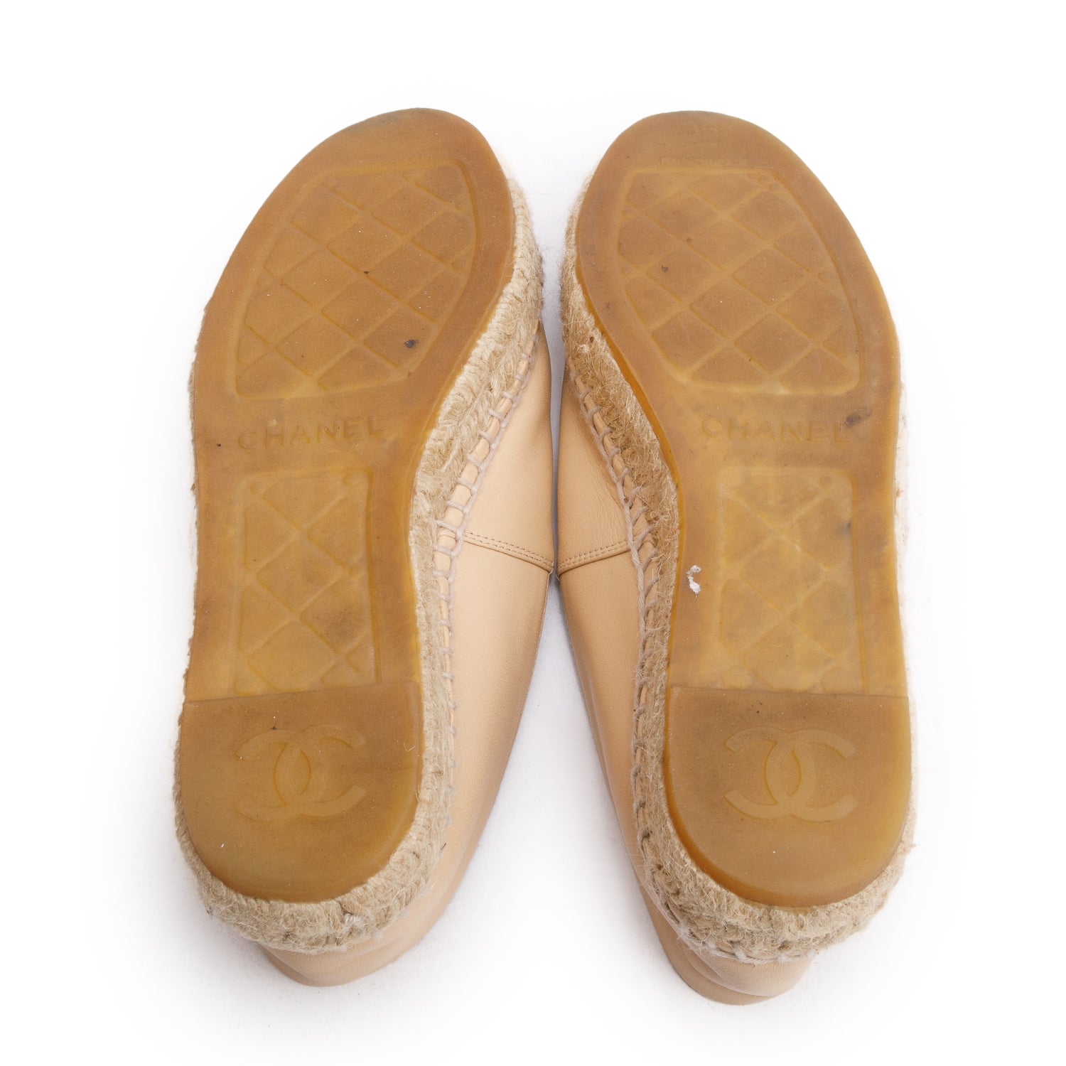 Chanel Neutral & Black Leather CC Logo Espadrilles, Size 35 w/ Box