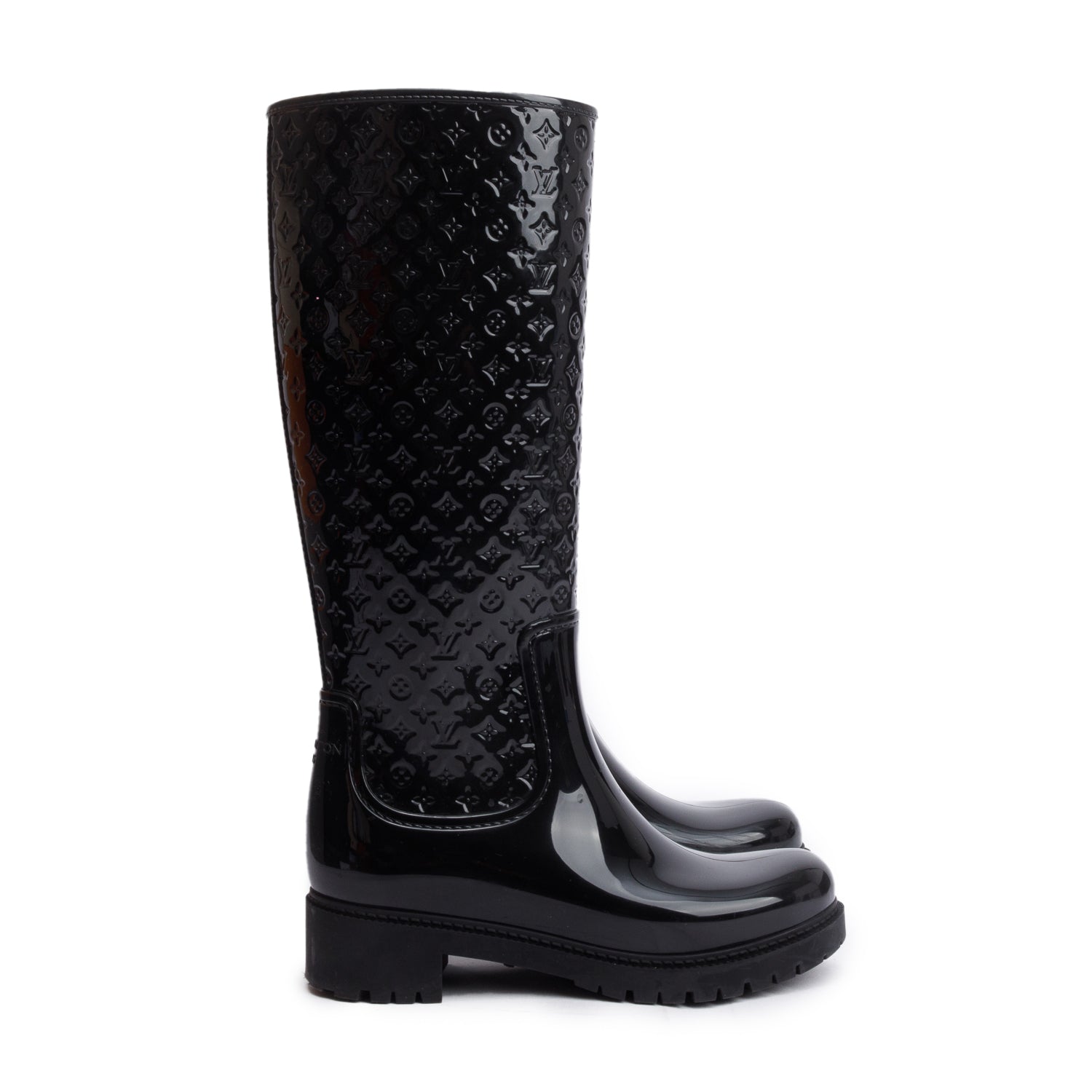 Louis Vuitton Black Monogram Rubber High Rain Boots, Size 36 w/ Box