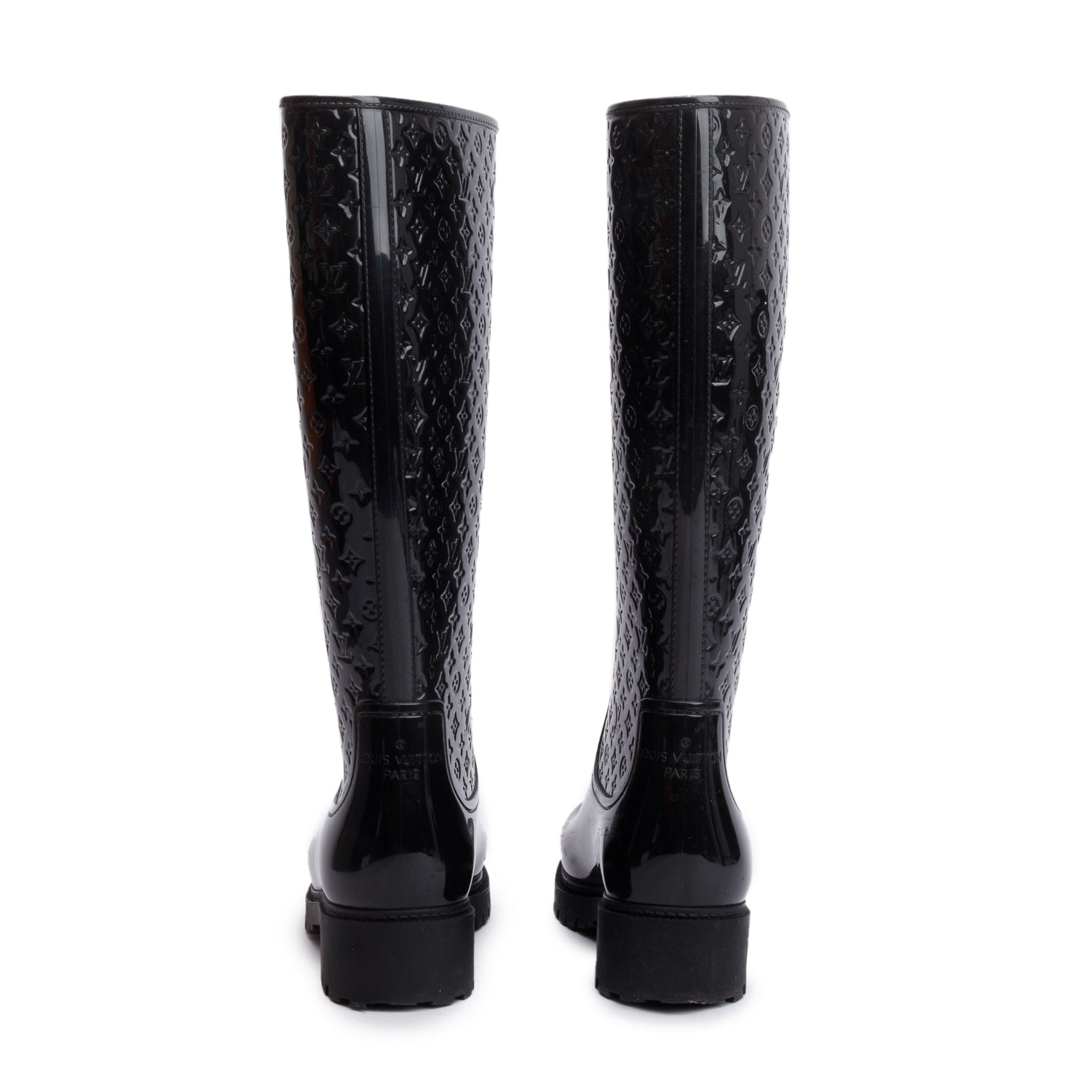 Louis Vuitton Black Monogram Rubber High Rain Boots, Size 36 w/ Box