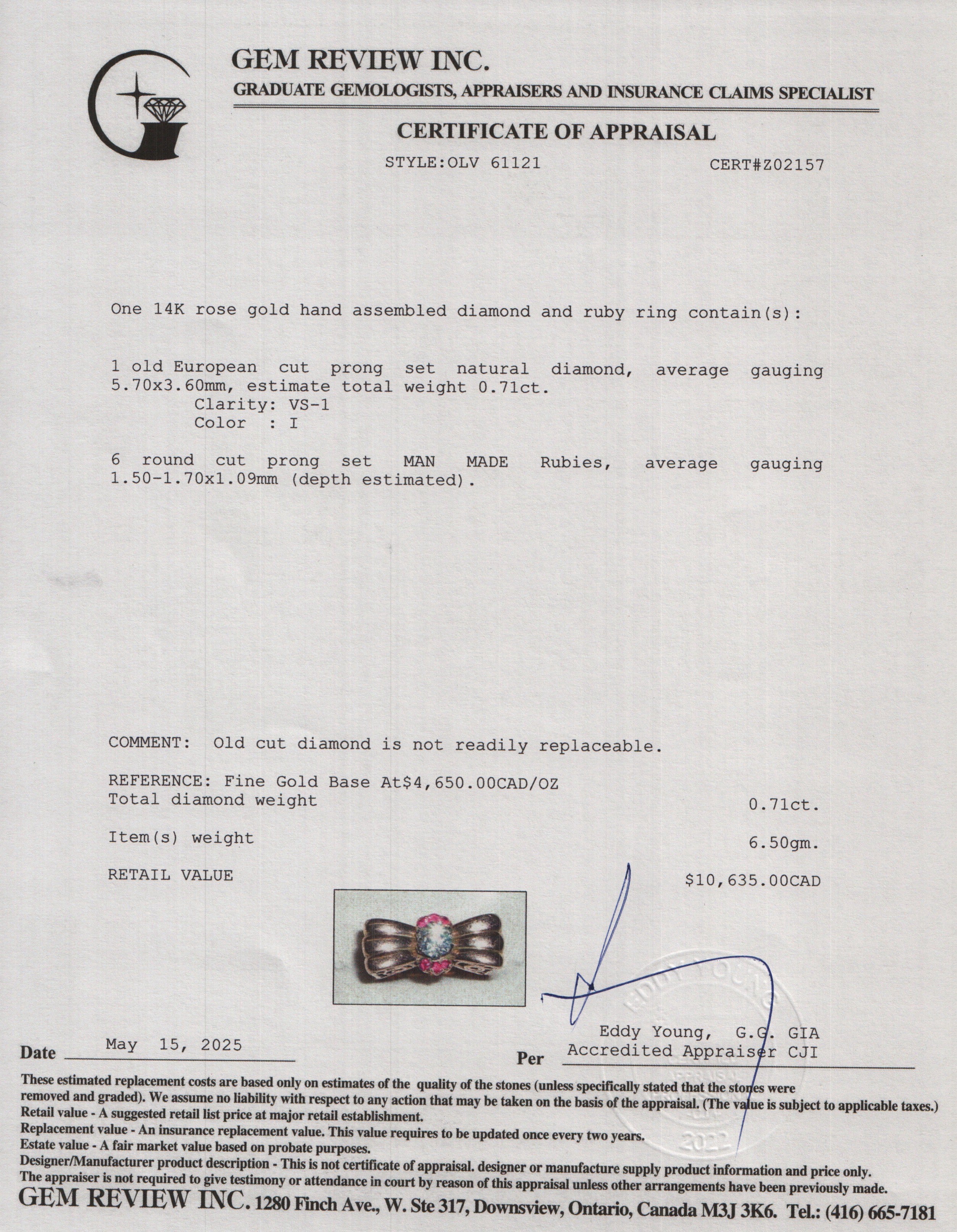 14k Rose Gold Ruby and Diamond Ring, Size 6.5