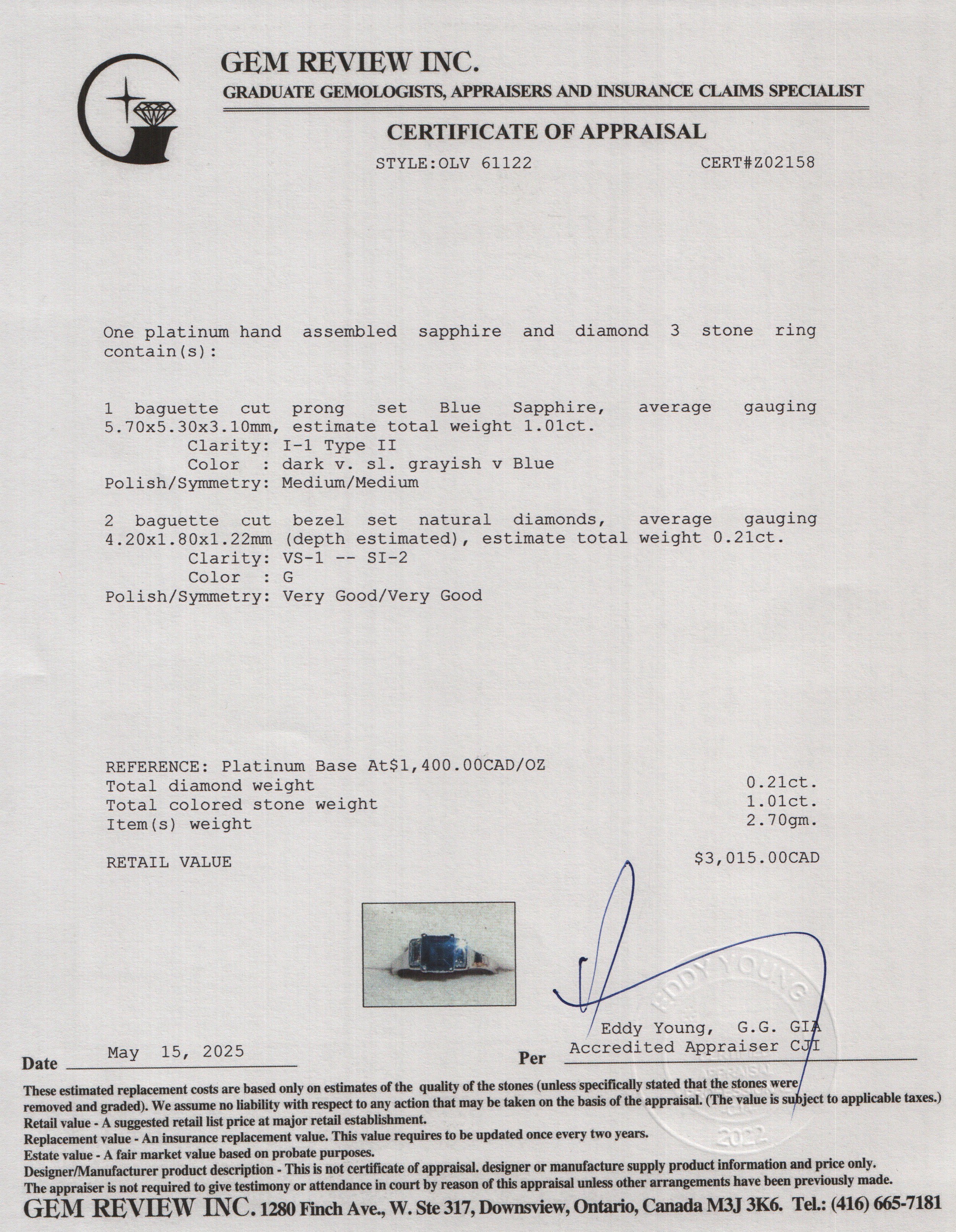 Platinum Blue Sapphire & Diamond Ring, Size 5.25