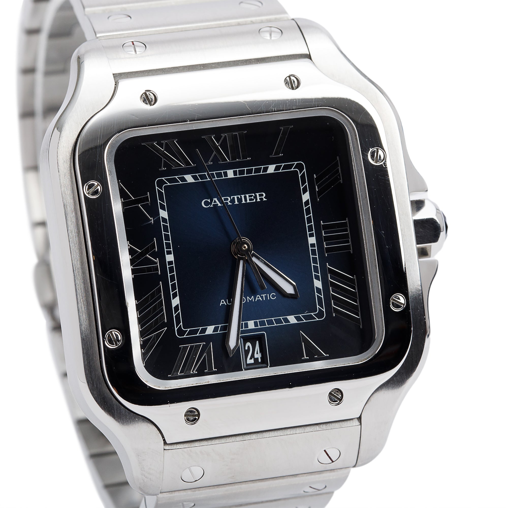 Cartier 2022 Stainless Steel Santos de Cartier Blue Dial Automatic Watch, Large Model 4072 w/ Box, Papers & Extra Strap