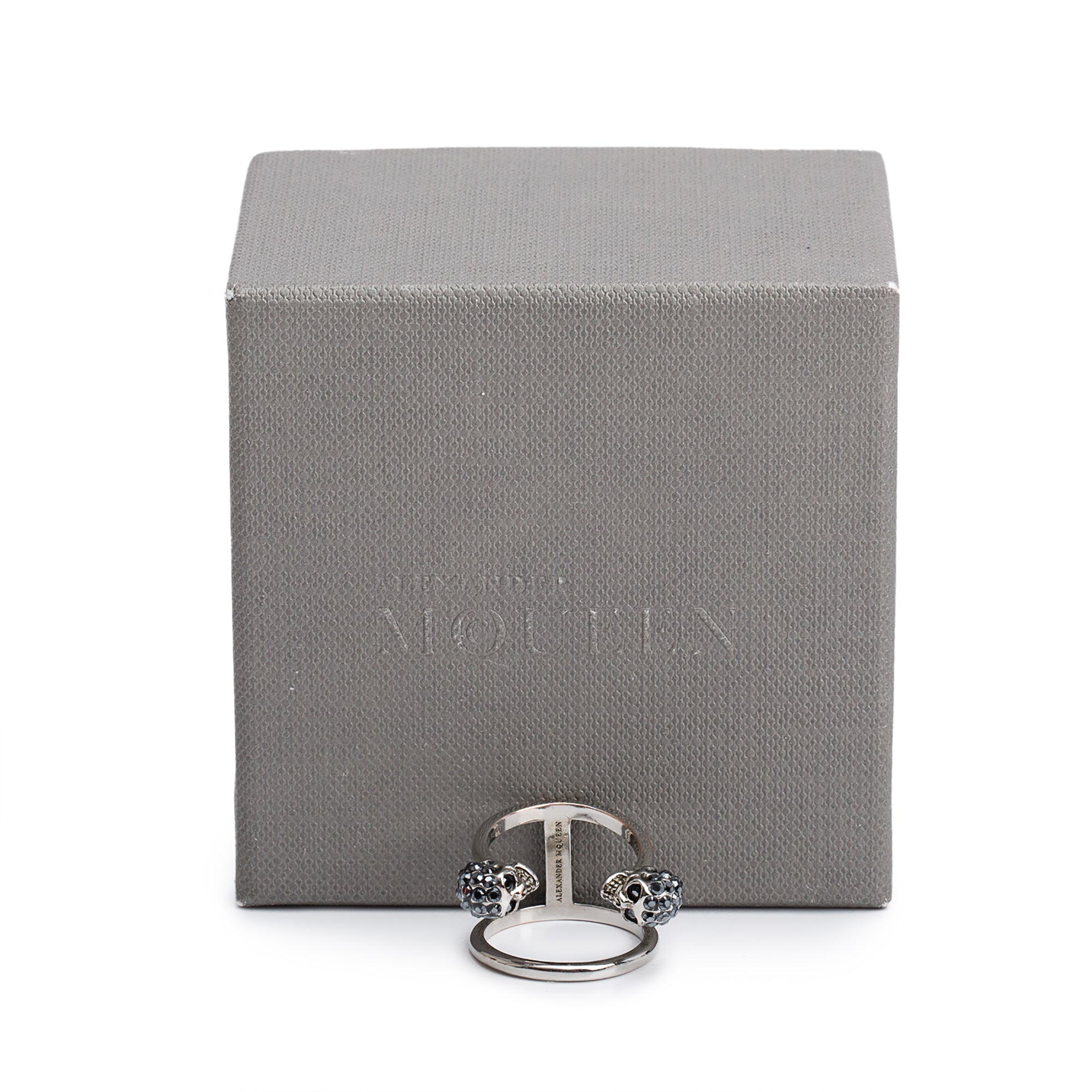 Alexander McQueen Silver Plated Crystal Twin Skull Double Ring, Size 13 5 w/ Box