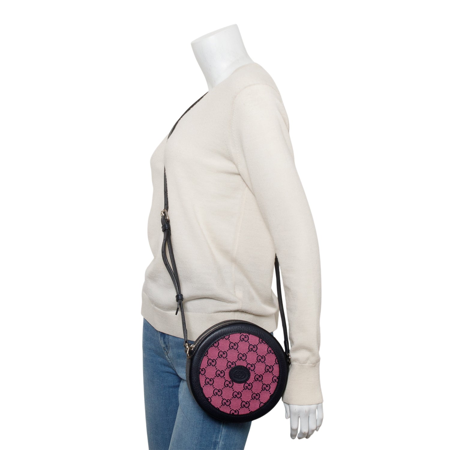 Gucci Pink GG Canvas Navy Leather Mini Round Crossbody Bag