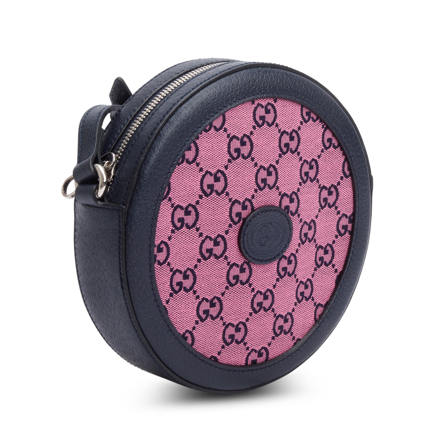 Gucci Pink GG Canvas Navy Leather Mini Round Crossbody Bag