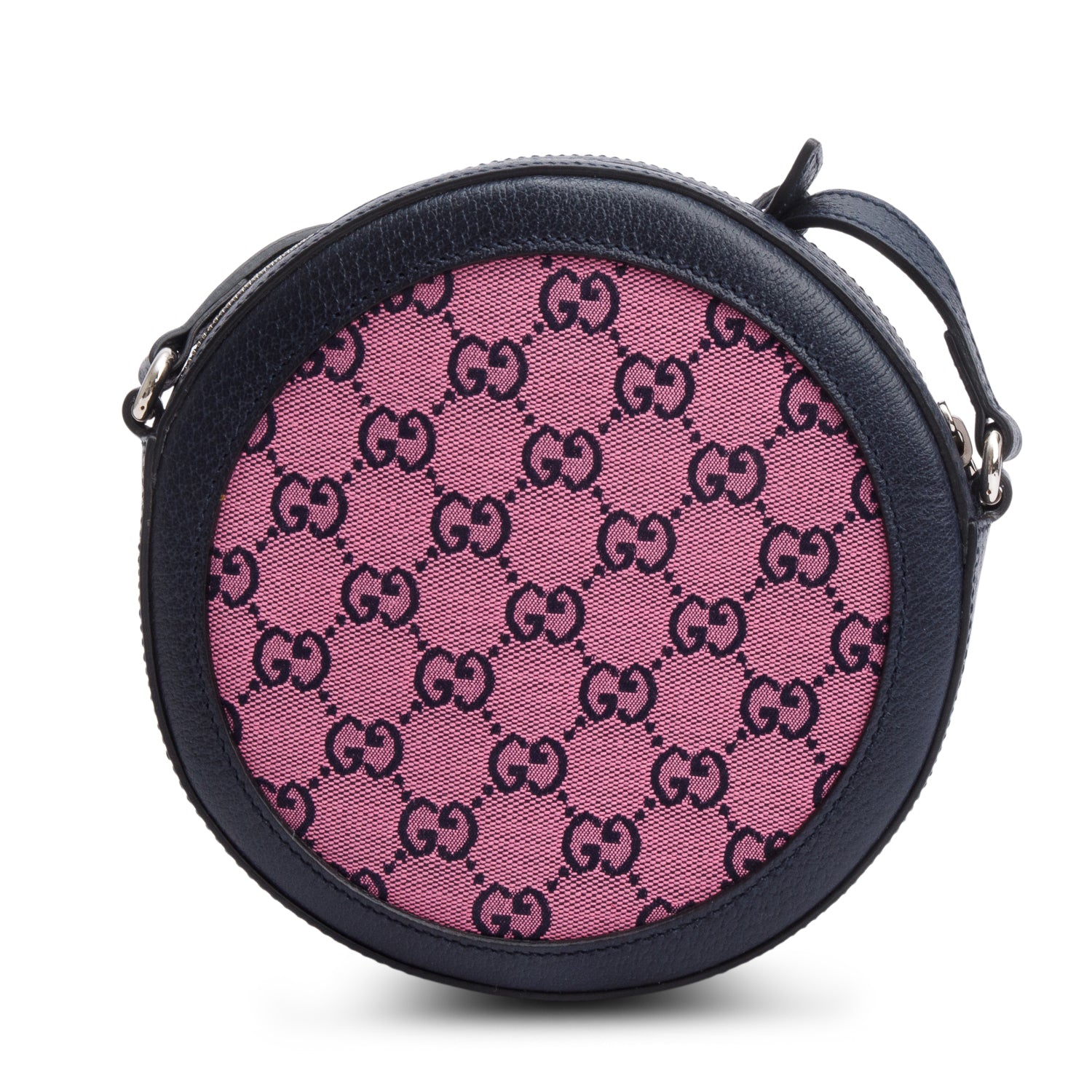 Gucci Pink GG Canvas Navy Leather Mini Round Crossbody Bag