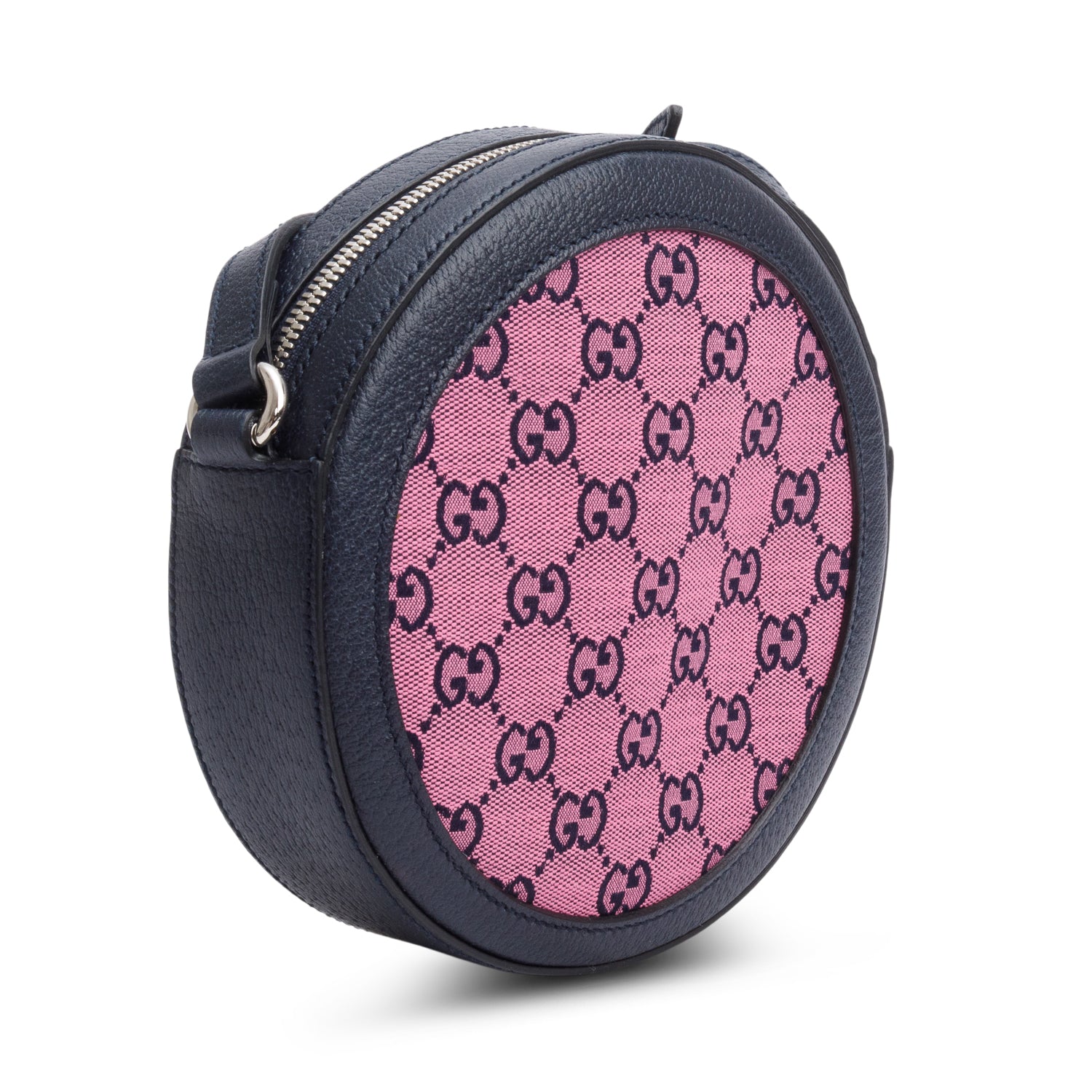 Gucci Pink GG Canvas Navy Leather Mini Round Crossbody Bag