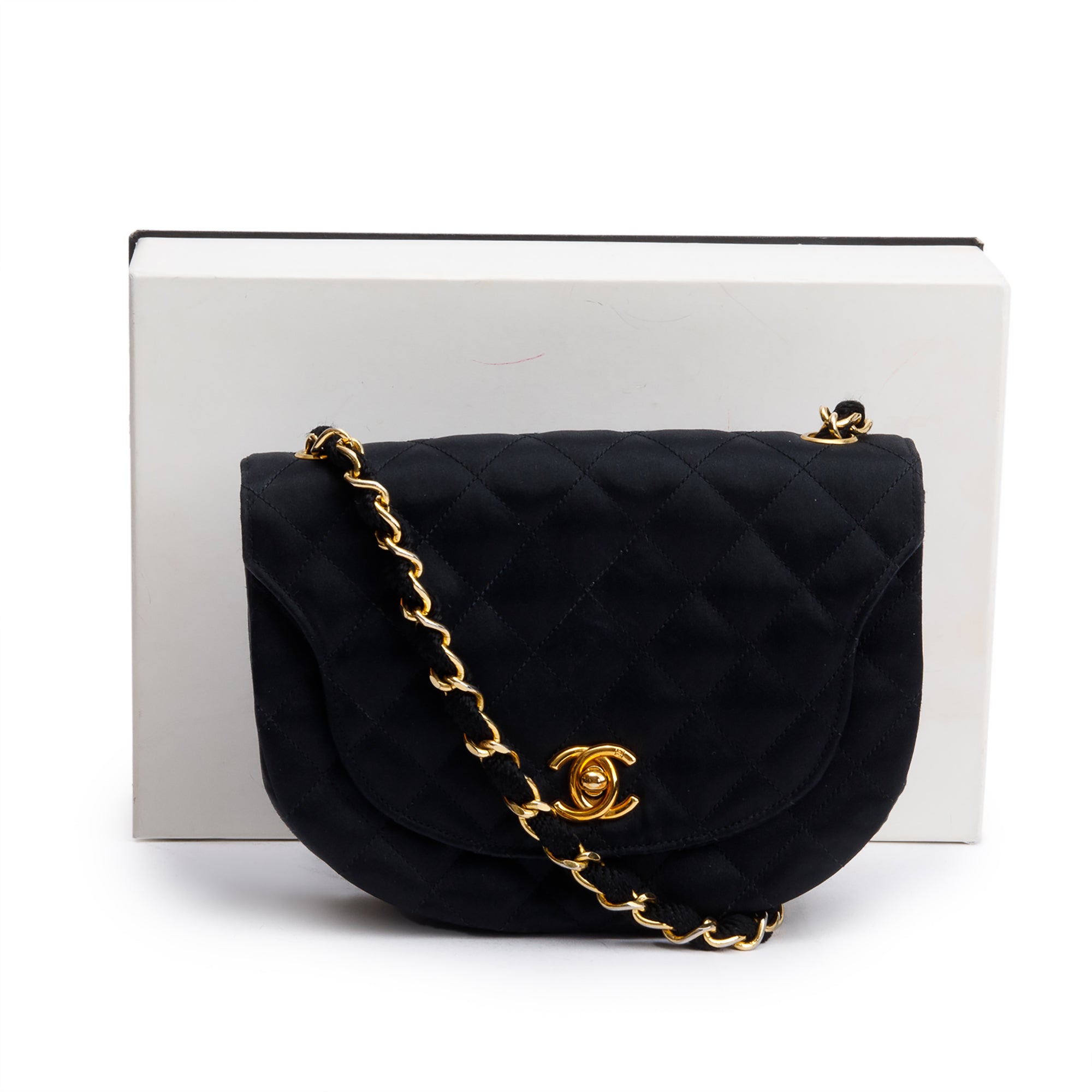 Chanel Vintage Black Quilted Satin Half Moon Flap Bag w/ Box