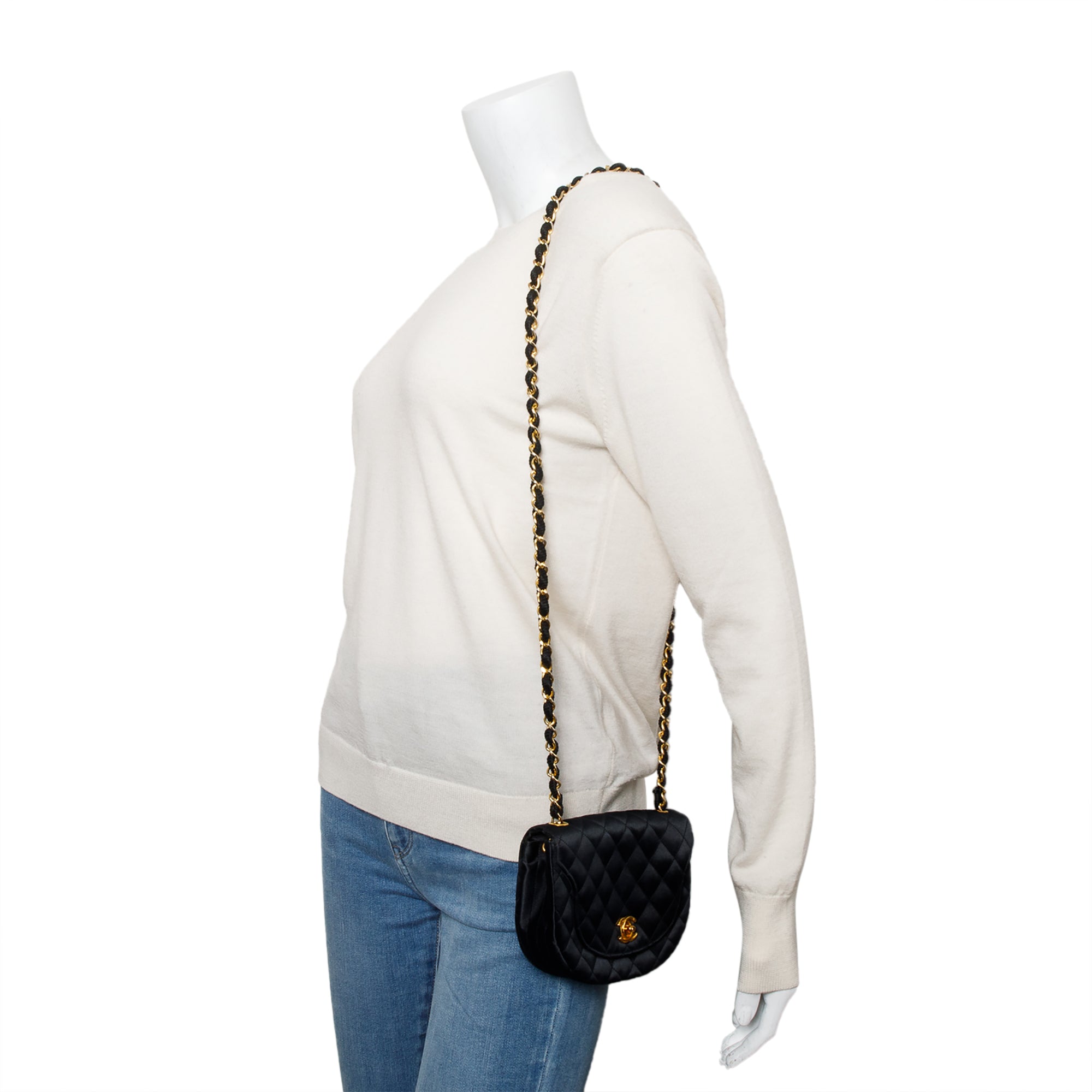 Chanel Vintage Black Quilted Satin Half Moon Flap Bag w/ Box