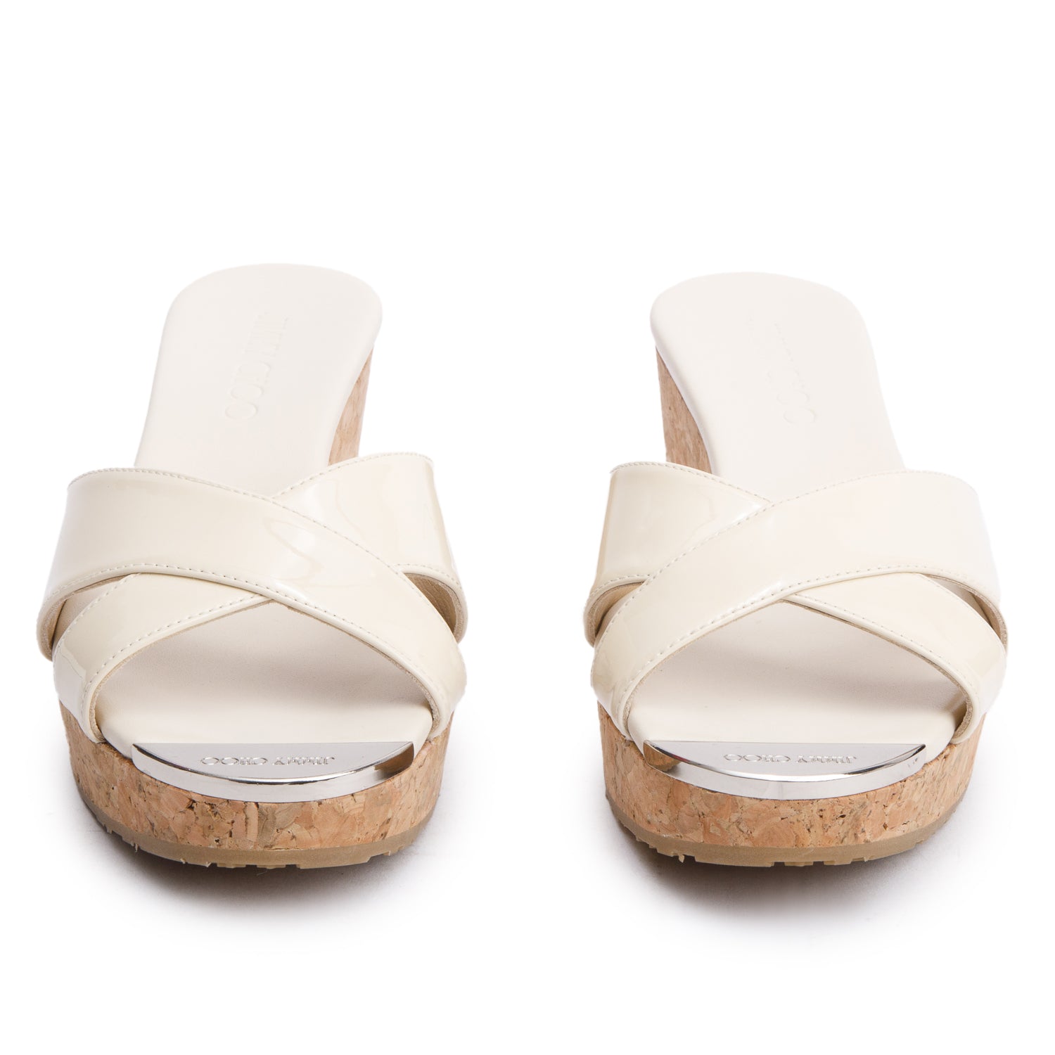 Jimmy Choo Neutral Patent Leather Panna Cork Wedge Sandals, Size 37 w/ Box