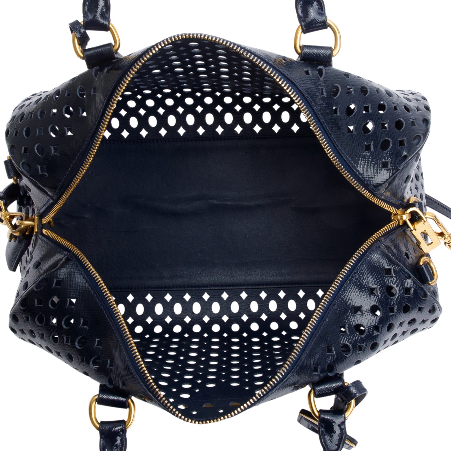 Prada Blue Saffiano Vernice Leather Fori Bauletto w/ Strap