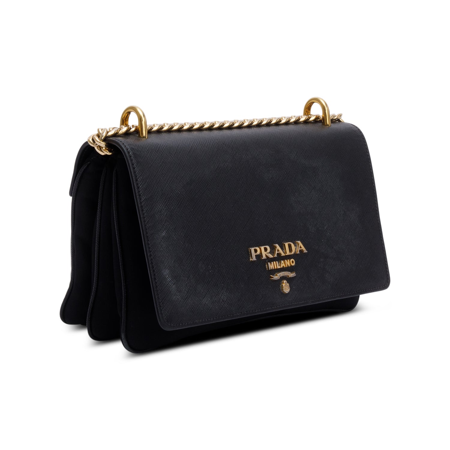 Prada Black Saffiano Lux Tessuto Nylon Flap Chain Crossbody Bag