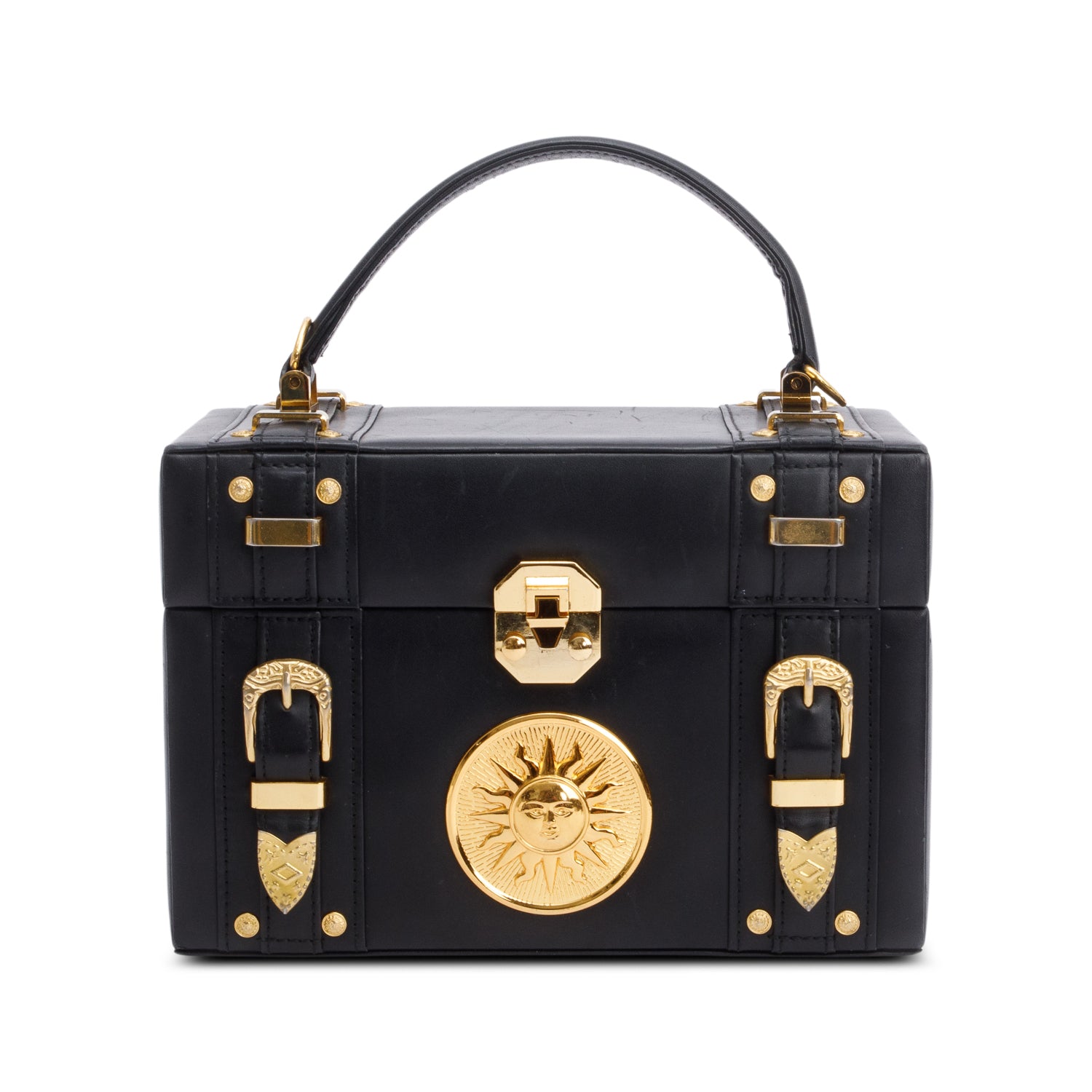 Versace Black Calfskin Leather Sunburst Vanity Train Case w/ Strap