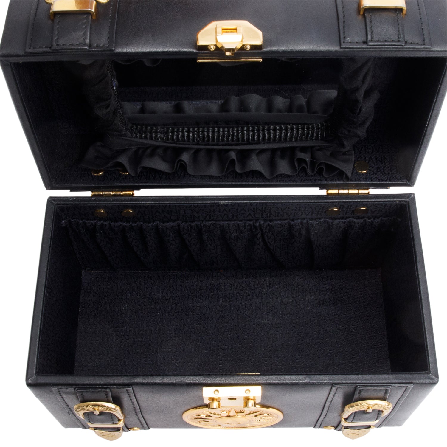 Versace Black Calfskin Leather Sunburst Vanity Train Case w/ Strap