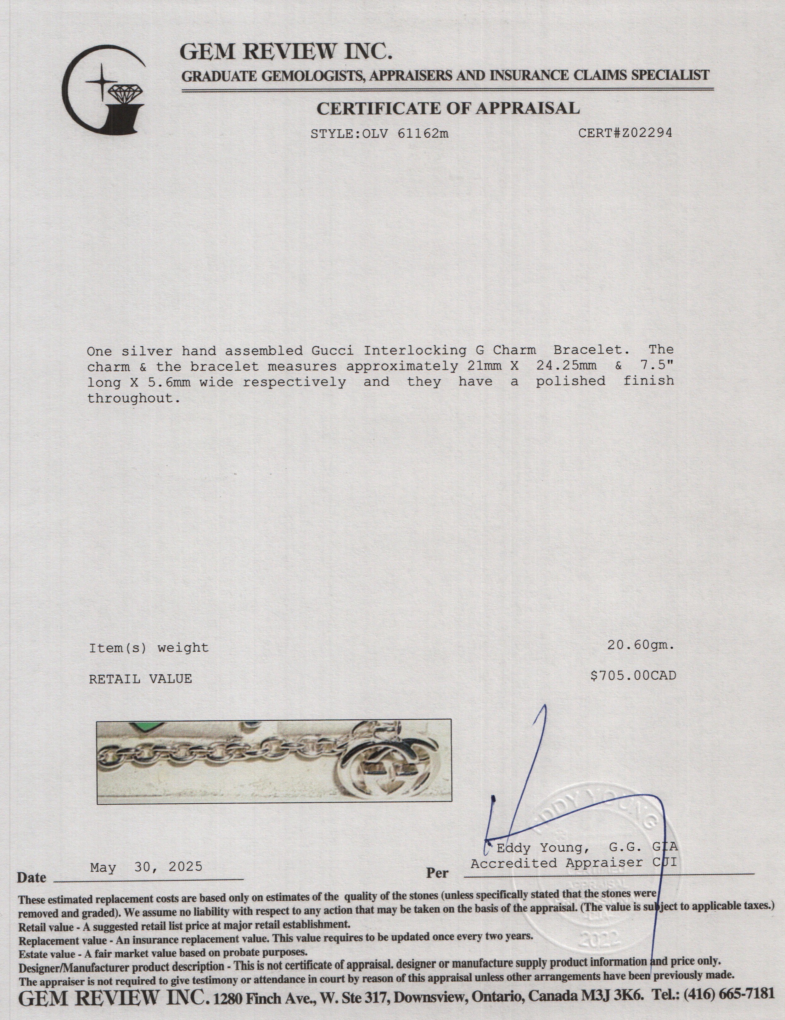 Gucci Sterling Silver Interlocking G Bracelet w/ Box