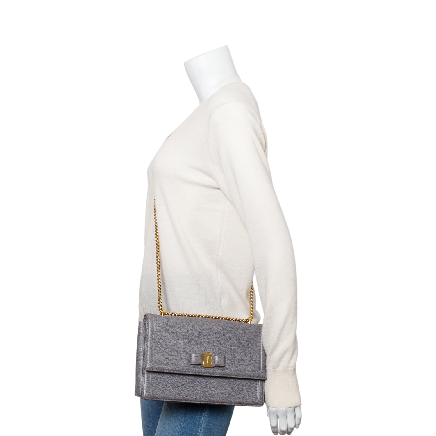 Ferragamo Grey Calfskin Leather Medium Ginny Bow Flap Bag