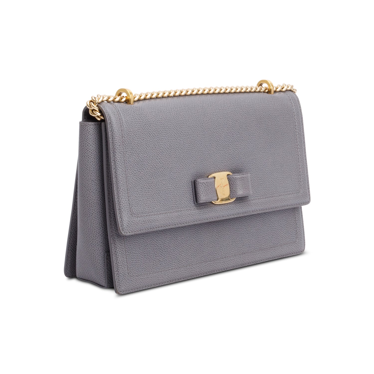 Ferragamo Grey Calfskin Leather Medium Ginny Bow Flap Bag