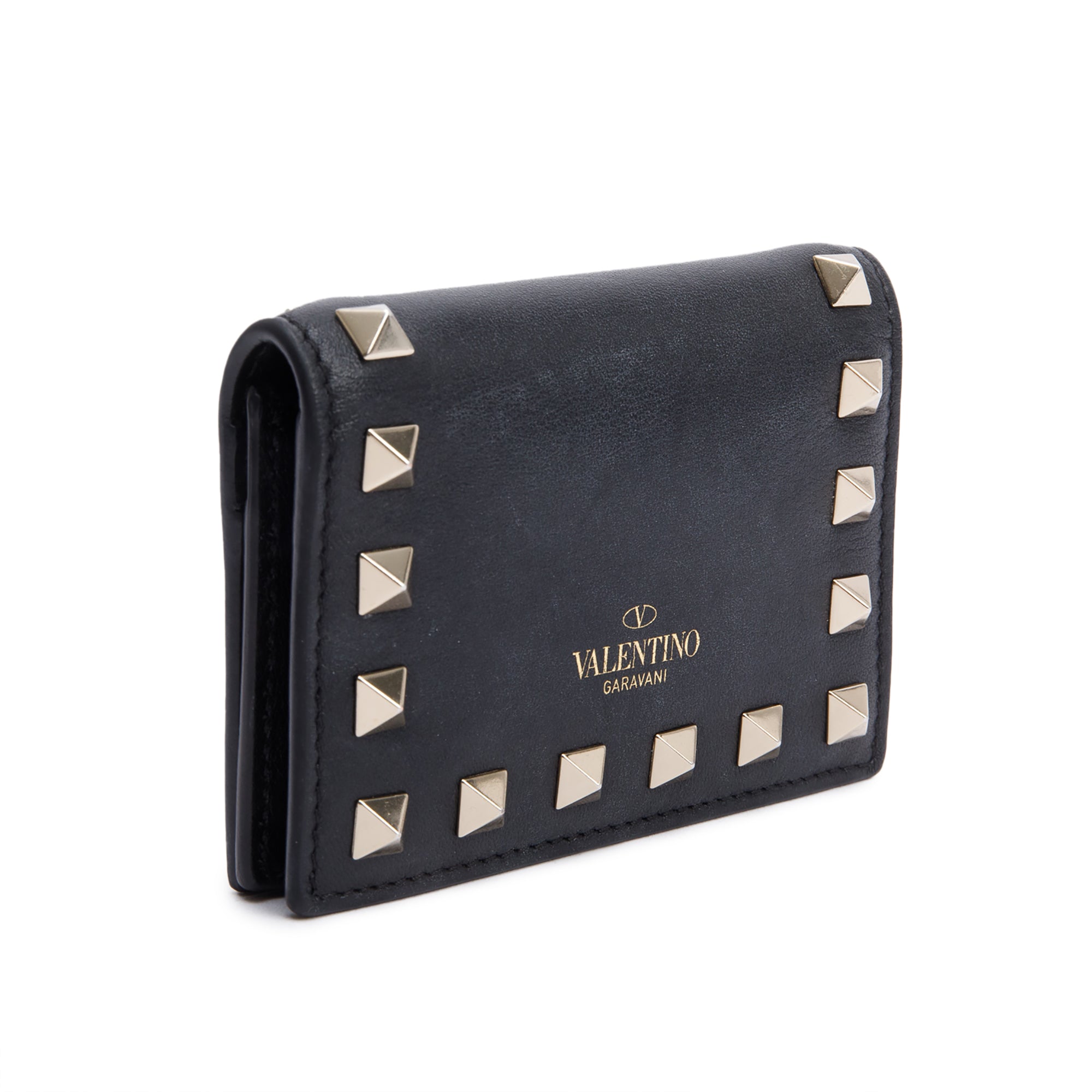 Valentino Black Calfskin Leather Rockstud Flap Card Holder Wallet